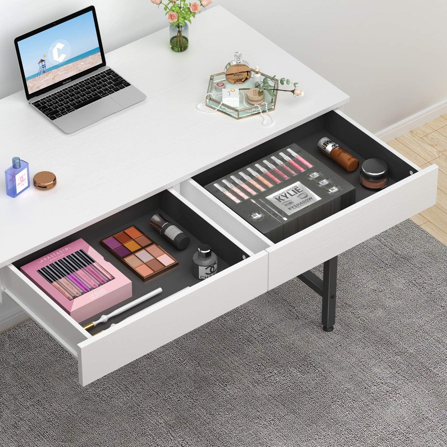 CubiCubi Computer Small Desk, 40 inches with 2 Storage Drawers for Home Office Writing Desk, Makeup Vanity Console Table, White