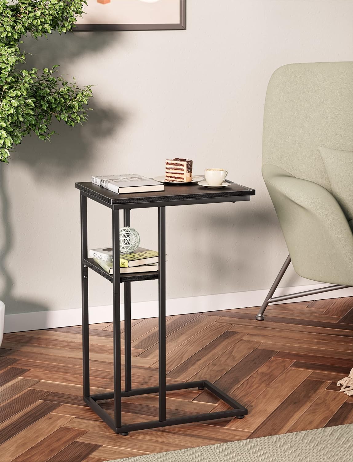 Innerjoin C Shaped End Table Set of 2 Black, C Side Table with Metal Frame, TV Tray Table for Sofa, Bed, Rustic Vintage Style, Black