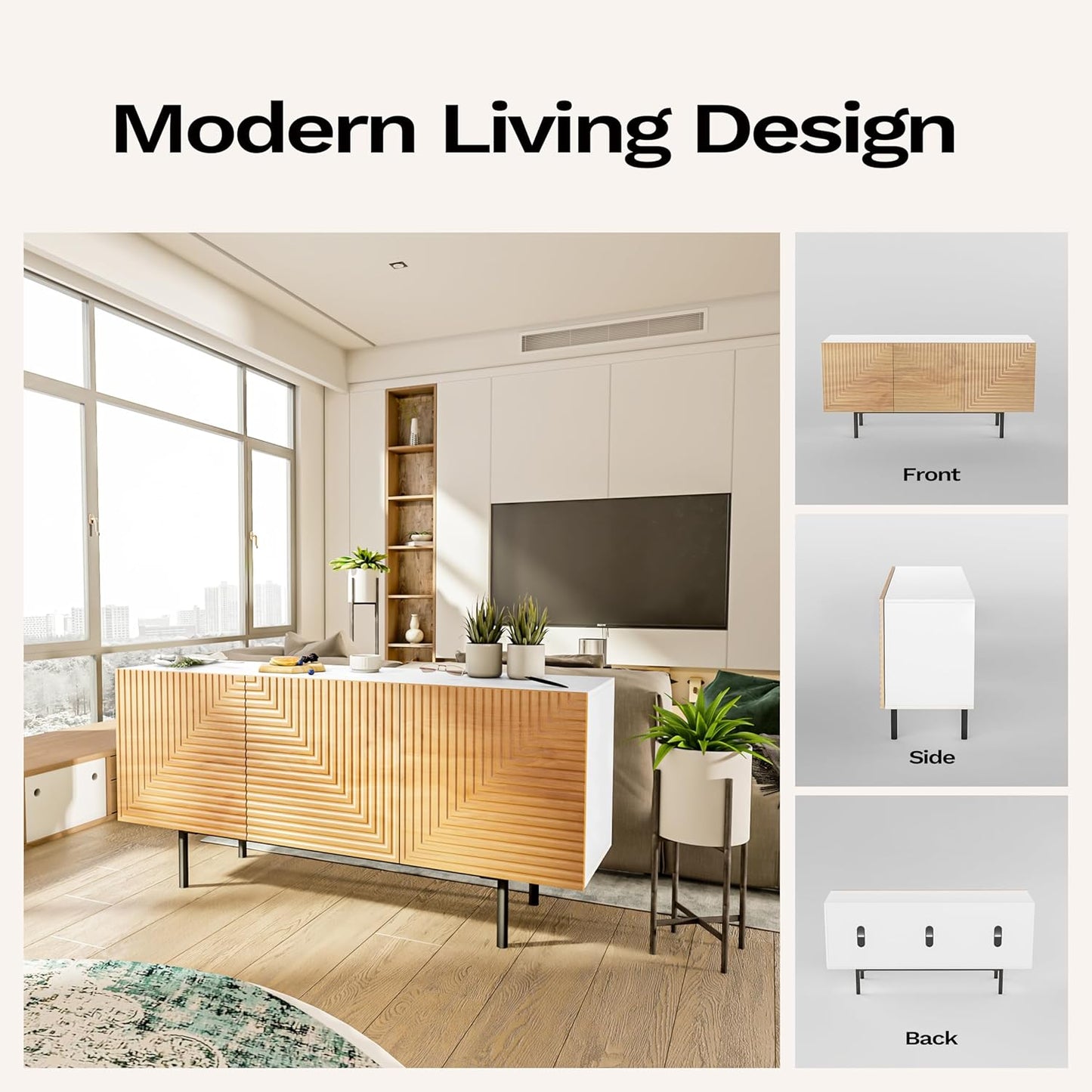 roomfitters Modern TV Cabinet, TV Unit for TVs up to 65”, Wood TV Stand Cabinet, Mid Century TV Media Units with Storage, TV Cupboard for Living Room, Wood Print Carved Geometric Design