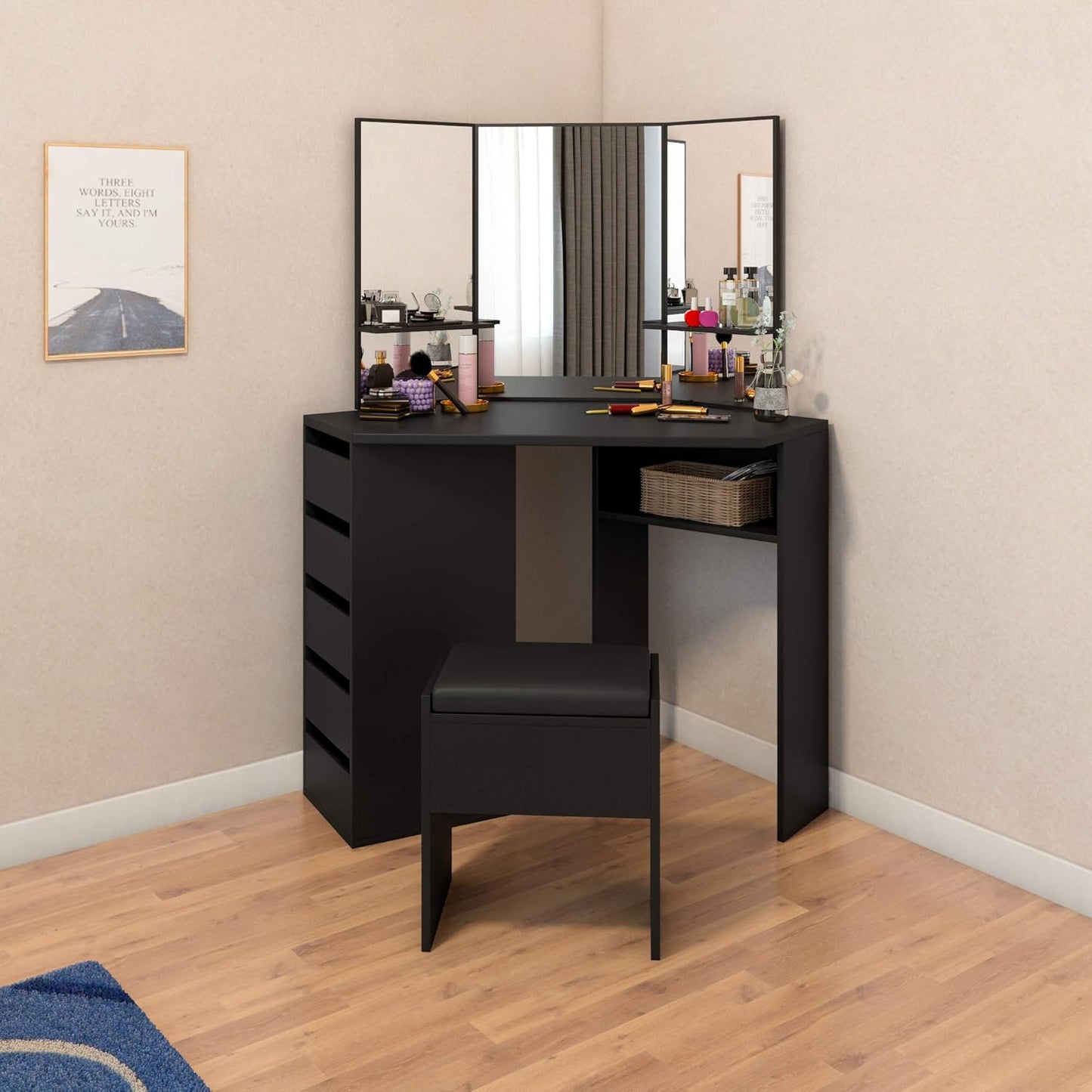 Panana Dressing Table MDF Corner Makeup Table with 3 Mirrors, 5 Drawers, 1 Compatiment and Bedroom Stool, 109 cm (L) x 55 cm (W) x 140 cm (H) (Black)
