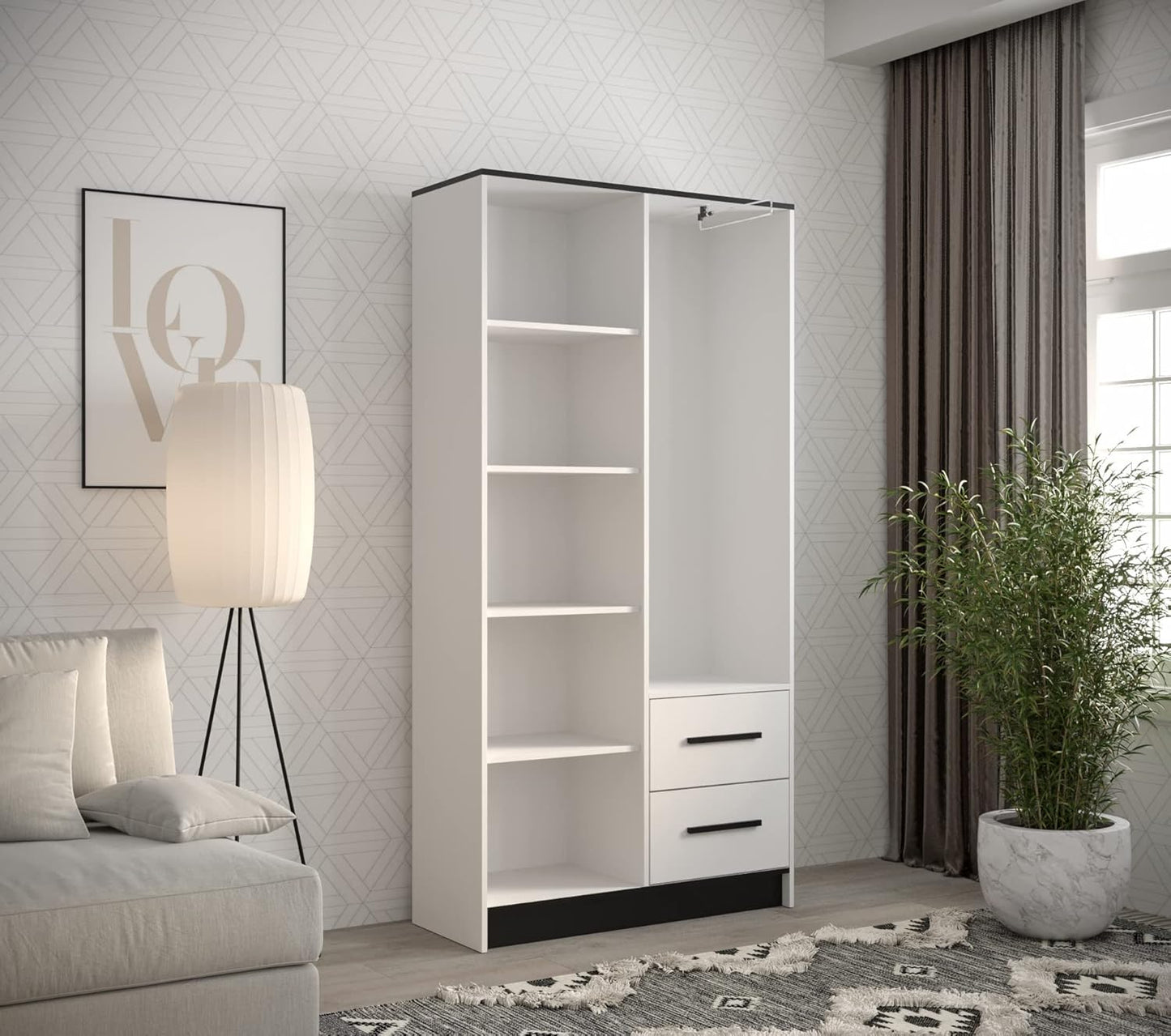 MEBLE KRYSPOL Malta 103 Hinged Door Wardrobe with 2 Doors, 2 Drawers, Modern Design (M1 Matte White + Black)