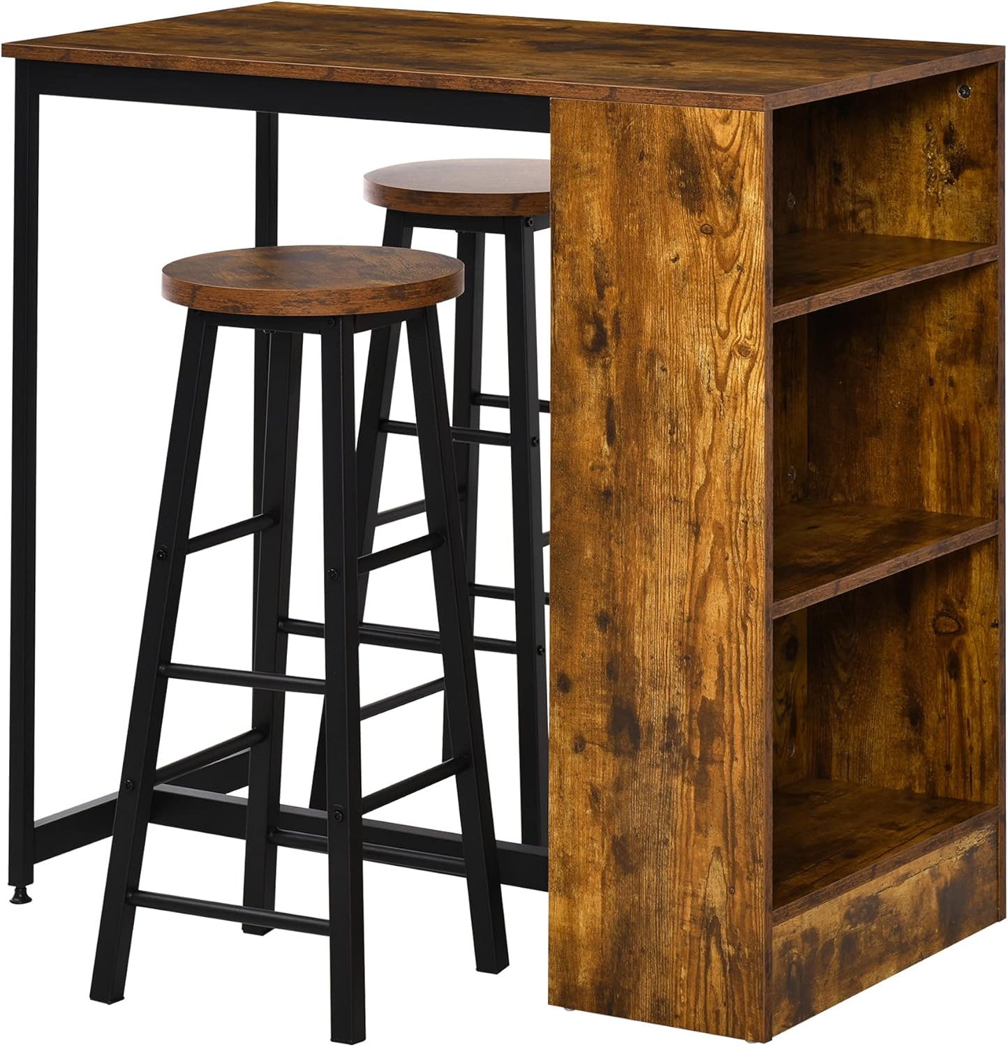 HOMCOM 3 Piece Industrial Style Bar Table Set, Pub Dining Table Set Bar Height Table and 2 Stools with Storage Shelf for Kitchen, Living Room, Coffe Shop, Rustic Brown