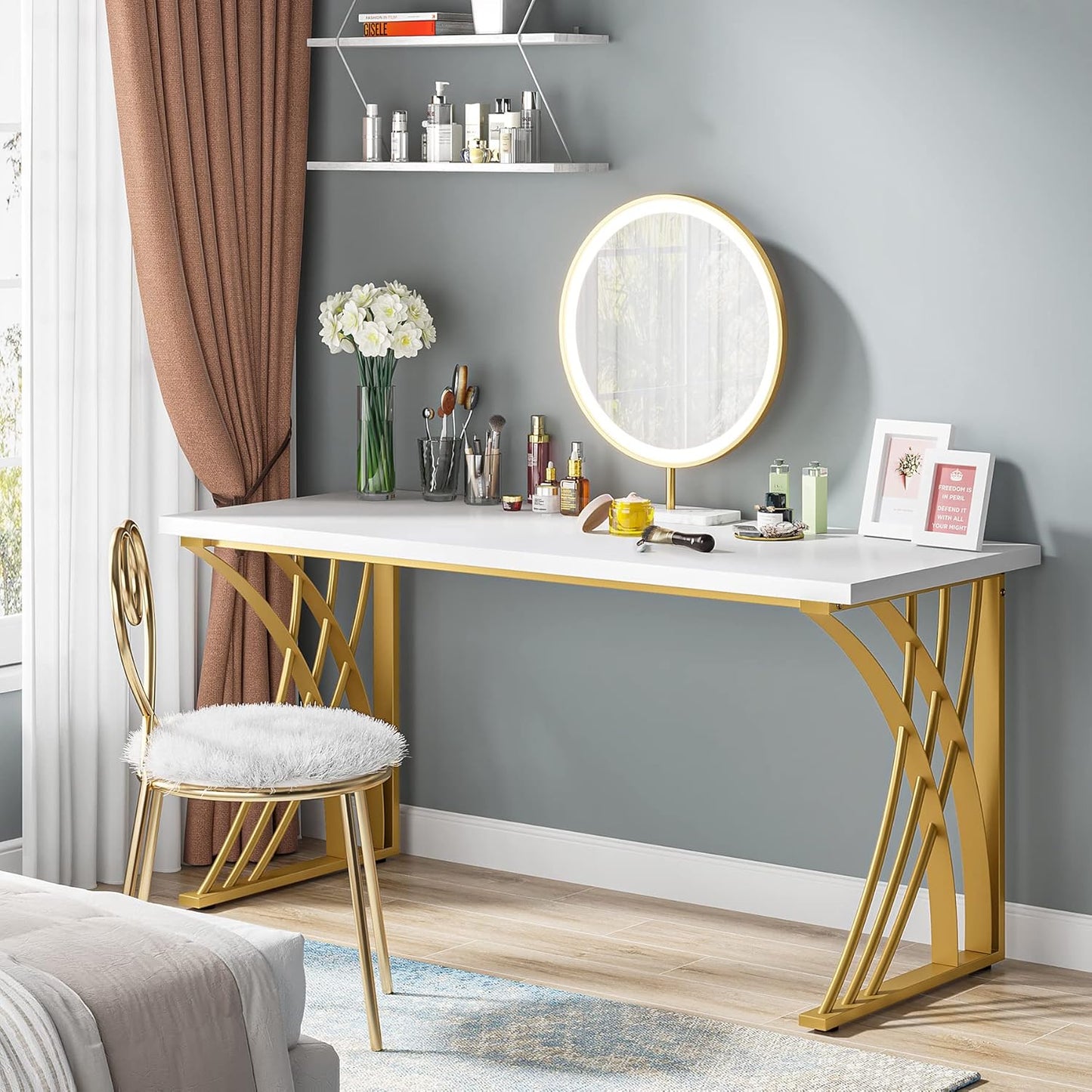 Tribesigns 55’’ Large Modern Computer Desk, White & Gold Luxury Laptop PC Student Table, Makeup Vanity Table with Thick Frame & Strong Legs, Sturdy Writing Workstation for Home & Office