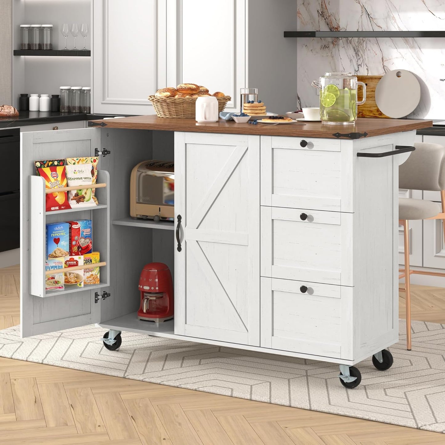 KUAKE Kitchen Island, Serving Trolley with Extendable Worktop, Kitchen Cabinet, Kitchen Trolley, Dining Trolley with Wood Grain, Dining Trolley with Two Doors and Three Drawers (White-2)