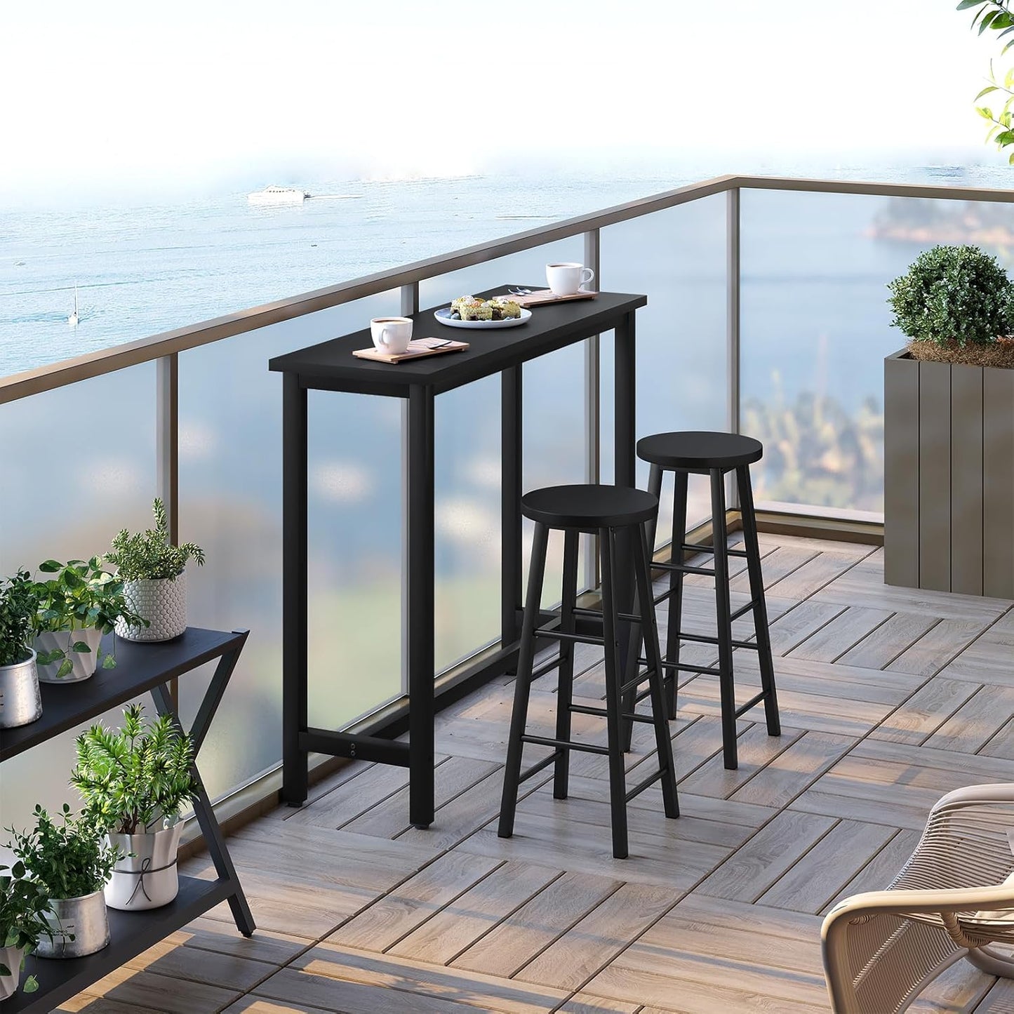 WOLTU Kitchen Bar Table Counter Breakfast Dining Table Black Coffee Table Metal Legs with Footrest for Kitchen Dining Room Conservatory Patio