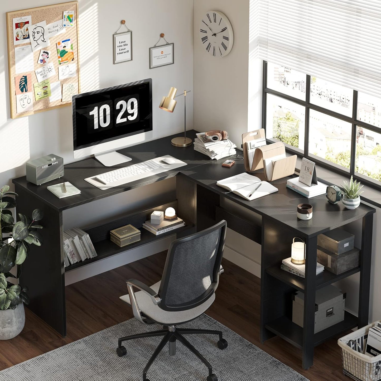 CubiCubi L Shaped Desk, 54.3 Inch Corner Computer Desk with Storage Shelves, Home Office Workstation for Study or Working, Black
