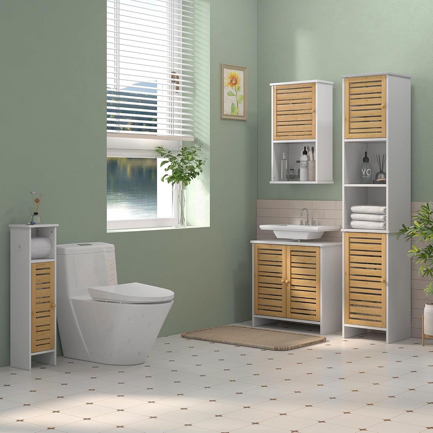 HOMCOM Modern Under Sink Cabinet with Magnetic Bamboo Doors and Adjustable Shelf 60 x 30 x 60 cm White and Natural