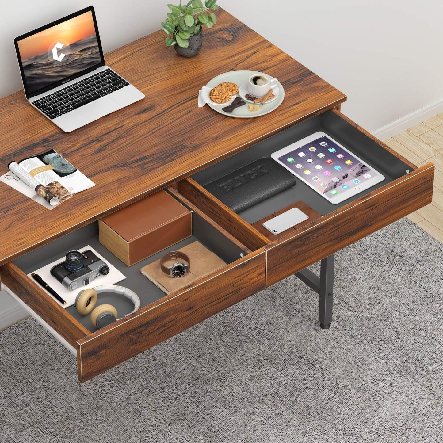 CubiCubi Computer Small Desk, 40 inches with 2 Storage Drawers for Home Office Writing Desk, Makeup Vanity Console Table, Dark Rustic