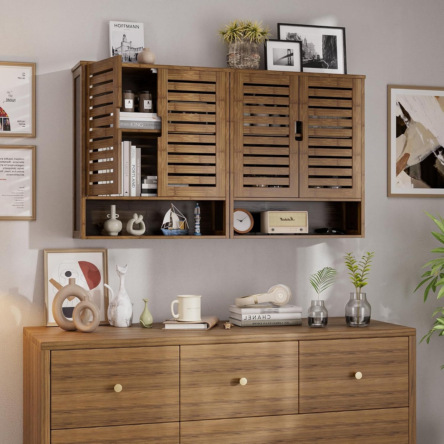 SMIBUY Bathroom Cabinet Wall Mounted, Bamboo Over-The-Toilet Storage Organizer, Space Saver Medicine Cabinet with 2 Door and Adjustable Shelves (Walnut)