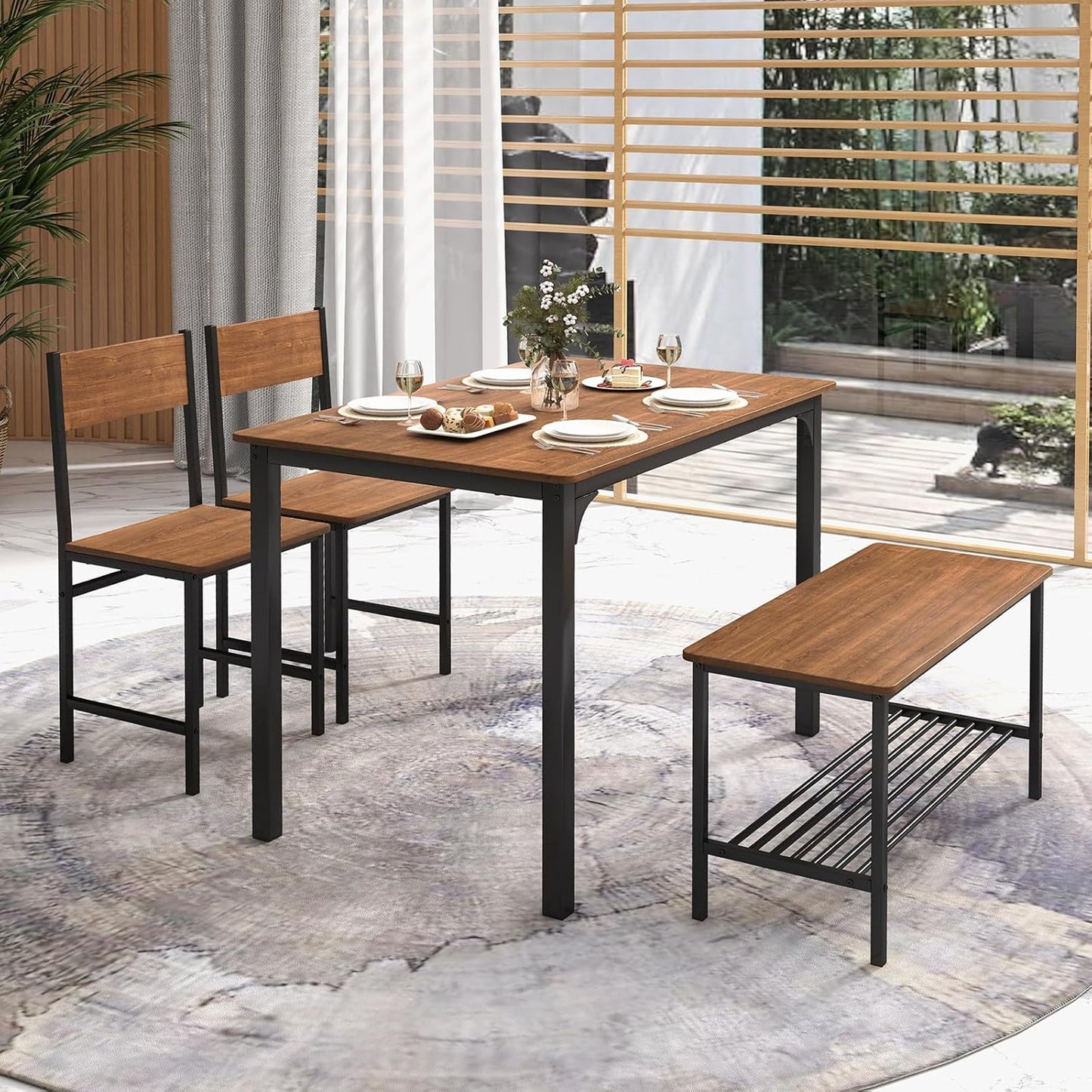 RELAX4LIFE Dining Table Set 4-Piece Dining Room Table with 2 Chairs & Bench, Seating Set with Storage Shelf, Bar Table with Metal Frame, Industrial Design, Dining Room Set for Kitchen, Dining Room