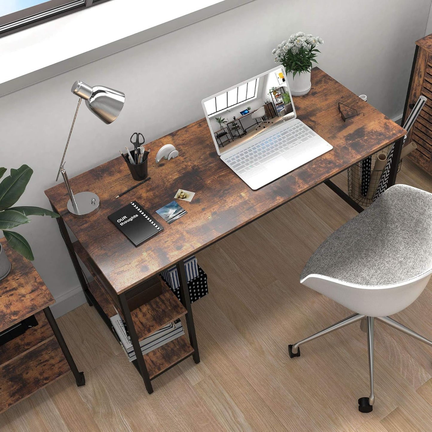 HOOBRO Computer Desk, 47.2 Inch Writing Desk with Adjustable Shelf on Left or Right, Office Study Desk for Laptop, Sturdy Metal Frame, for Home Office, Easy Assembly, Rustic Brown and Black BF59DN01