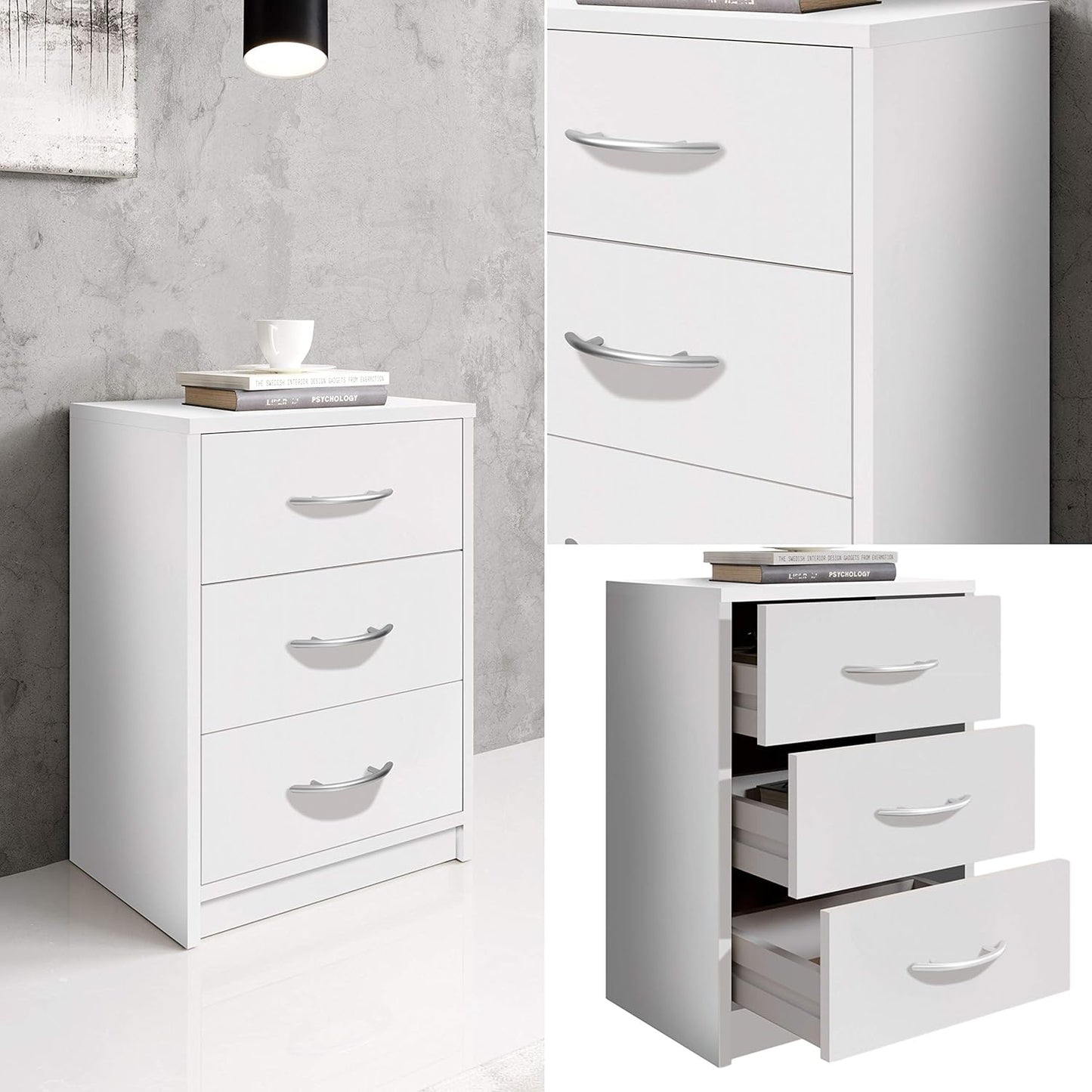 Stella Trading PEPE Bedside Table White - Simple Bedside Cabinet with Three Drawers Suitable for Any Bed & Bedroom - 39 x 54 x 28 cm (W x H x D)