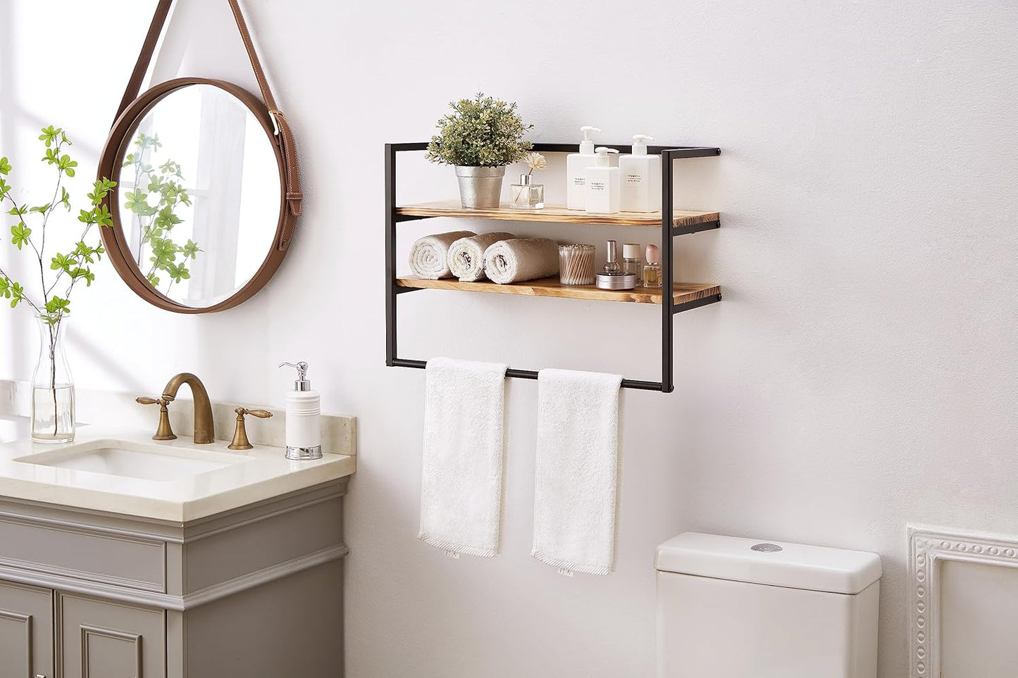 Metal Industrial 2 Tier Bathroom Shelves Wall Mounted,24" Bathroom Shelf with Towel Bar,Wall Shelf Towel Rack Over Toilet,Floating Shelves Towel Holder,Solid Wood Shelves with Metal Frame,Black