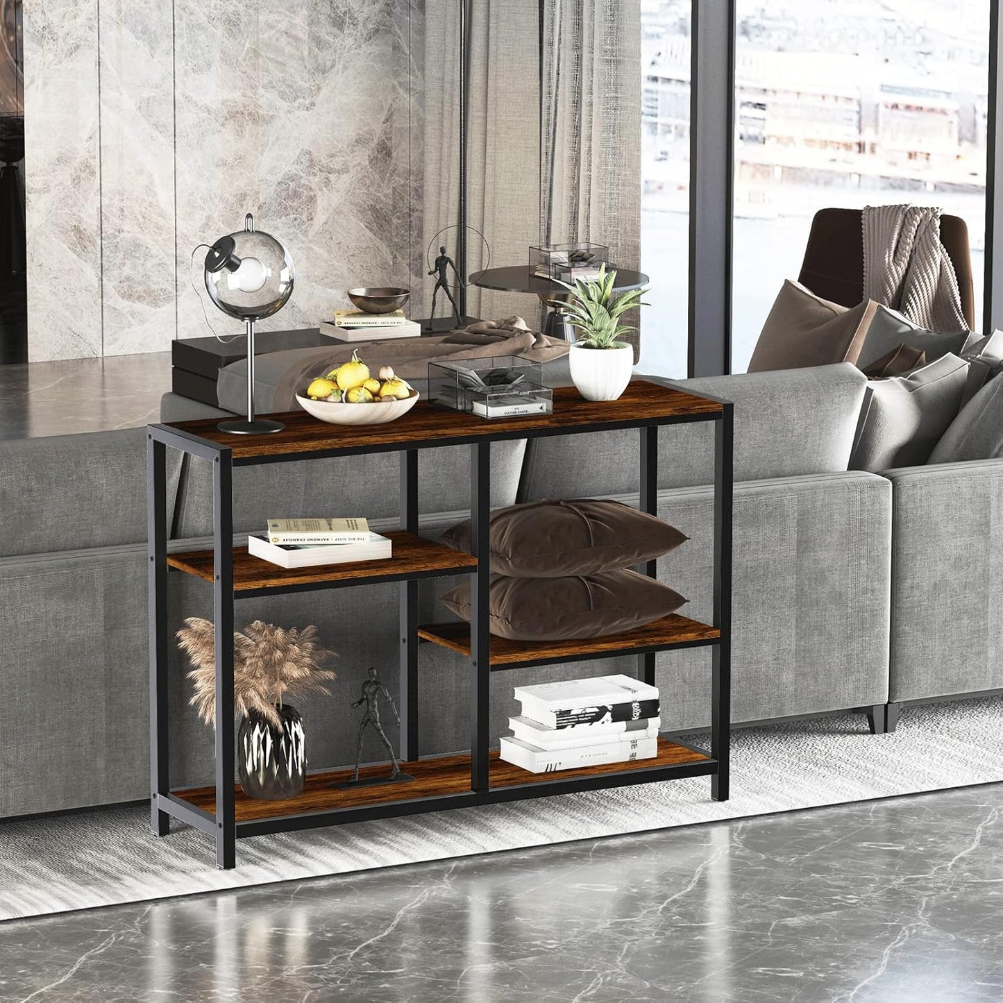 furduzz Console Table -41 Inch Narrow Entryway Table with 3-Tier Shelves, Industrial Sofa Table for Living Room,Front Hall, Hallway,Dinning Room,Kitchen, Bedroom,Coffee Bar,Rustic Brown Foyer Table