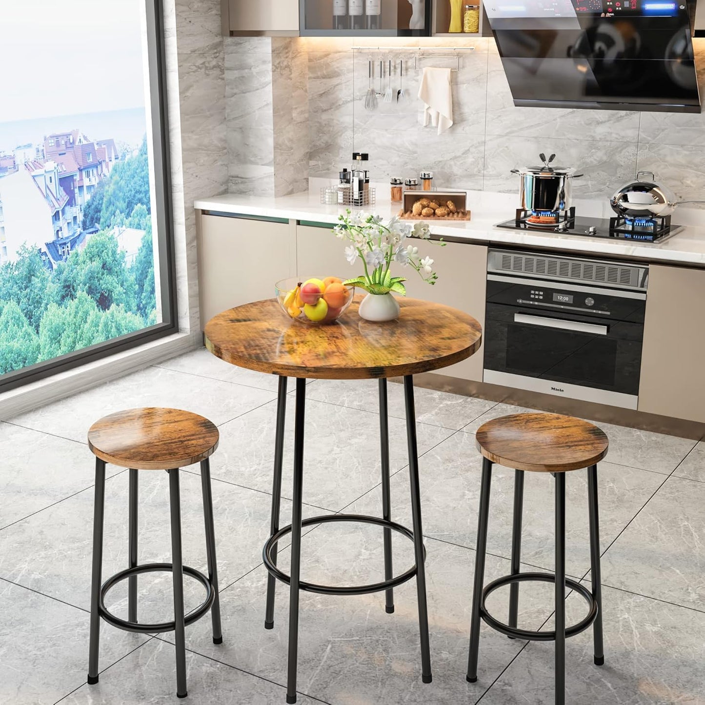 AWQM 3 Piece Bar Table Set, Small Round Pub Table Set for 2, Counter Height 3 Piece Dining Set for Breakfast Nook, Bistro, Dining Room, Kitchen - Rustic Brown