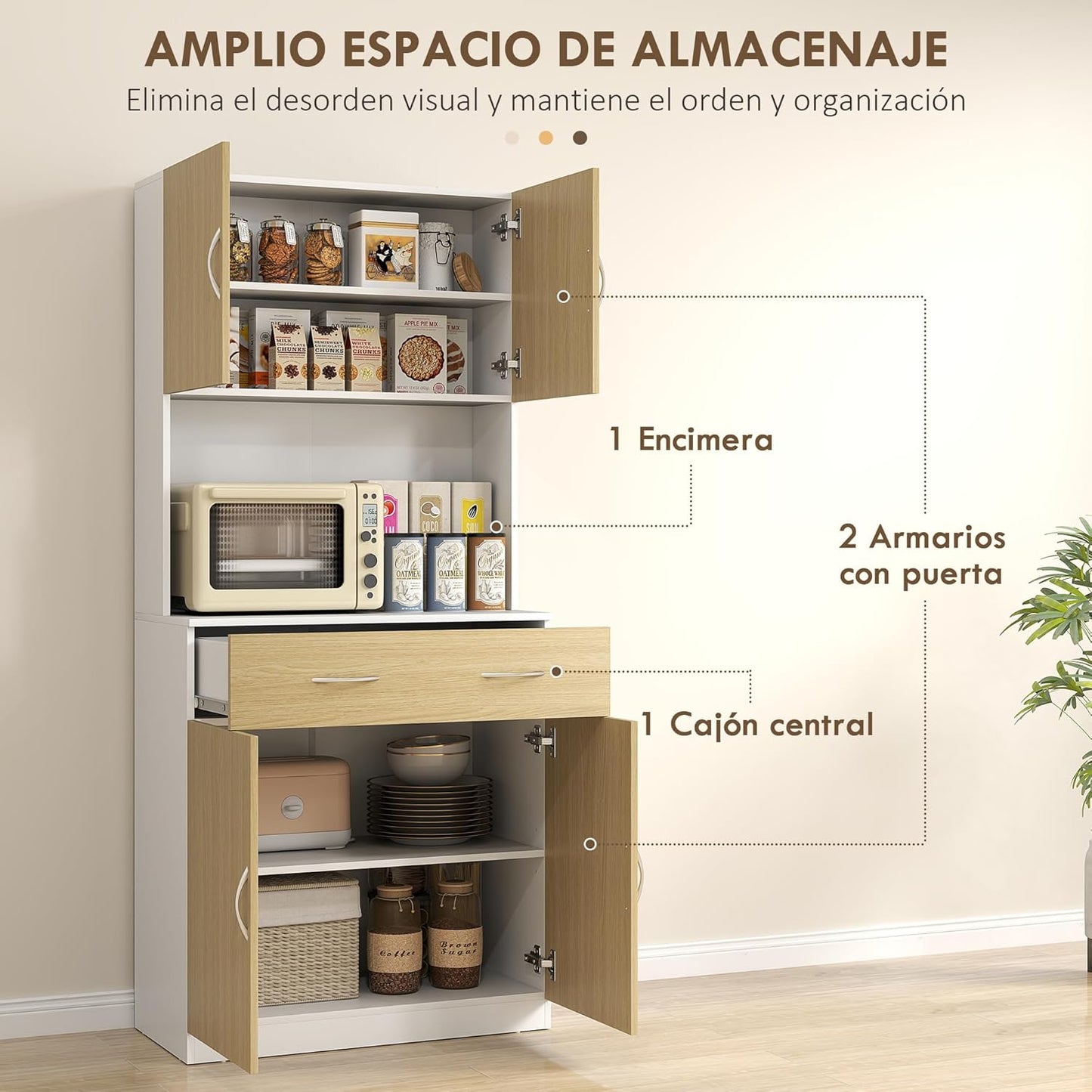 HOMCOM Kitchen Cupboard Kitchen Cabinet Kitchen Auxiliary Cabinet with Drawer Doors and Adjustable Anti-tip Shelves for Dining Room Living Room 80 x 40 x 180 cm Natural and White