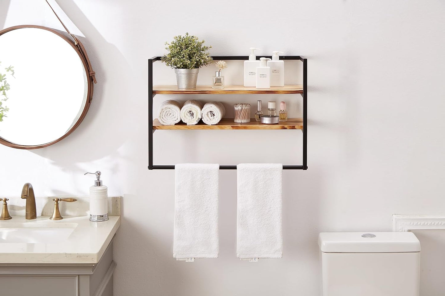 Metal Industrial 2 Tier Bathroom Shelves Wall Mounted,24" Bathroom Shelf with Towel Bar,Wall Shelf Towel Rack Over Toilet,Floating Shelves Towel Holder,Solid Wood Shelves with Metal Frame,Black