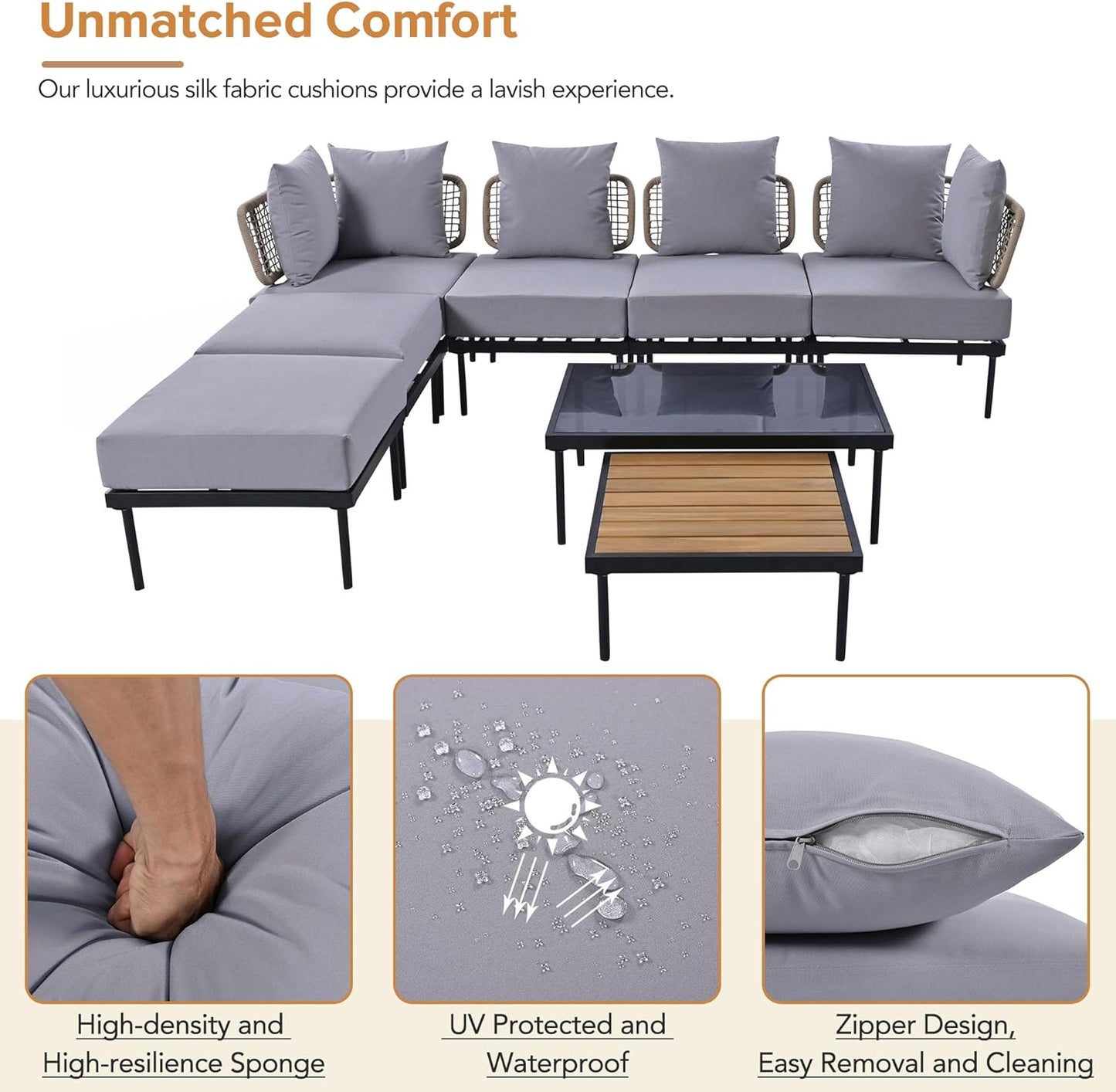 Ampela 8-Piece Patio Sectional Sofa Tempered Wooden & Glass 2 Coffee Table/2 Single Chairs/2 Ottomans/2 Corner Chairs,All-Weather Conversation Set for Outdoor Oasis,Garden,Patio,Poolside,Light Grey