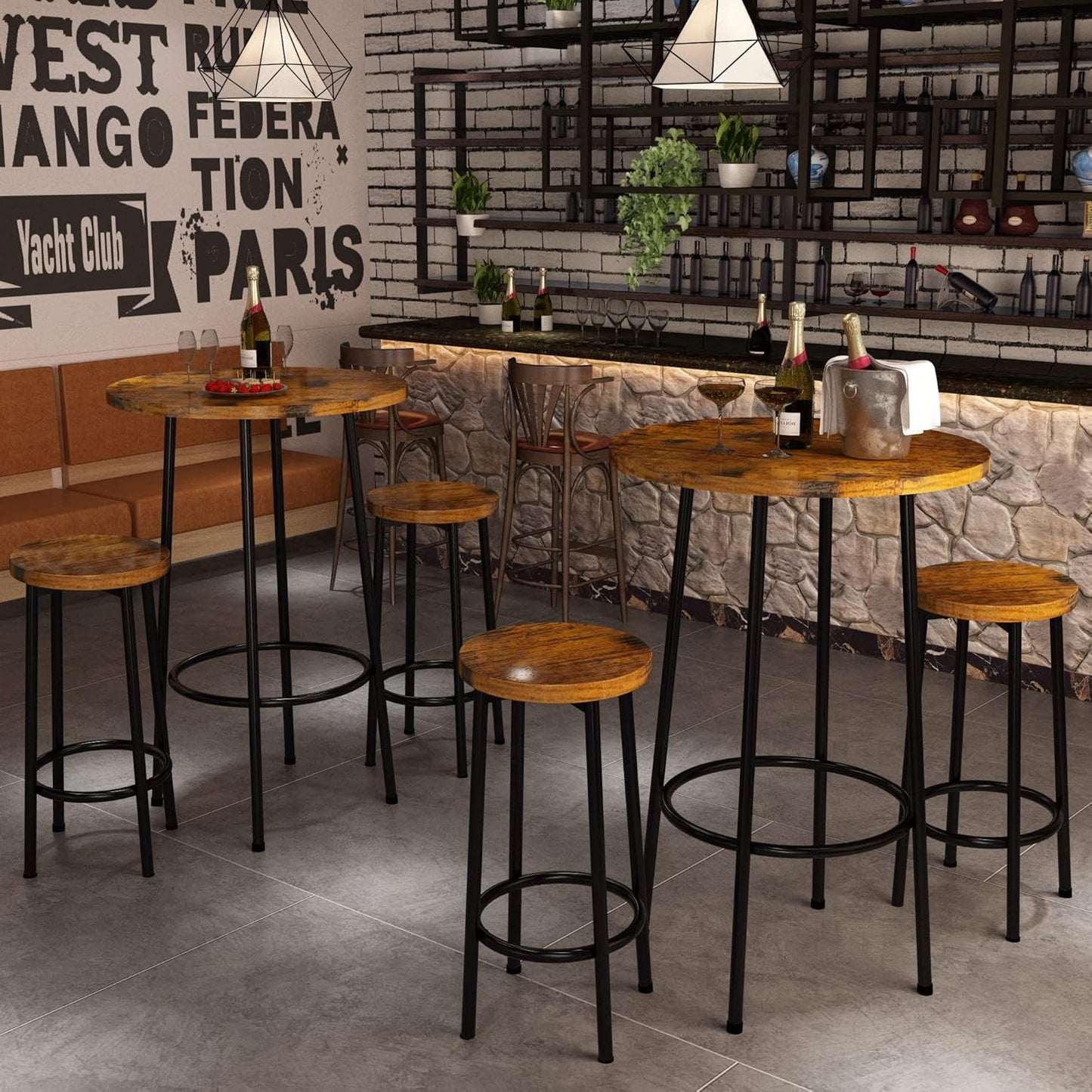 AWQM 3 Piece Bar Table Set, Small Round Pub Table Set for 2, Counter Height 3 Piece Dining Set for Breakfast Nook, Bistro, Dining Room, Kitchen - Rustic Brown