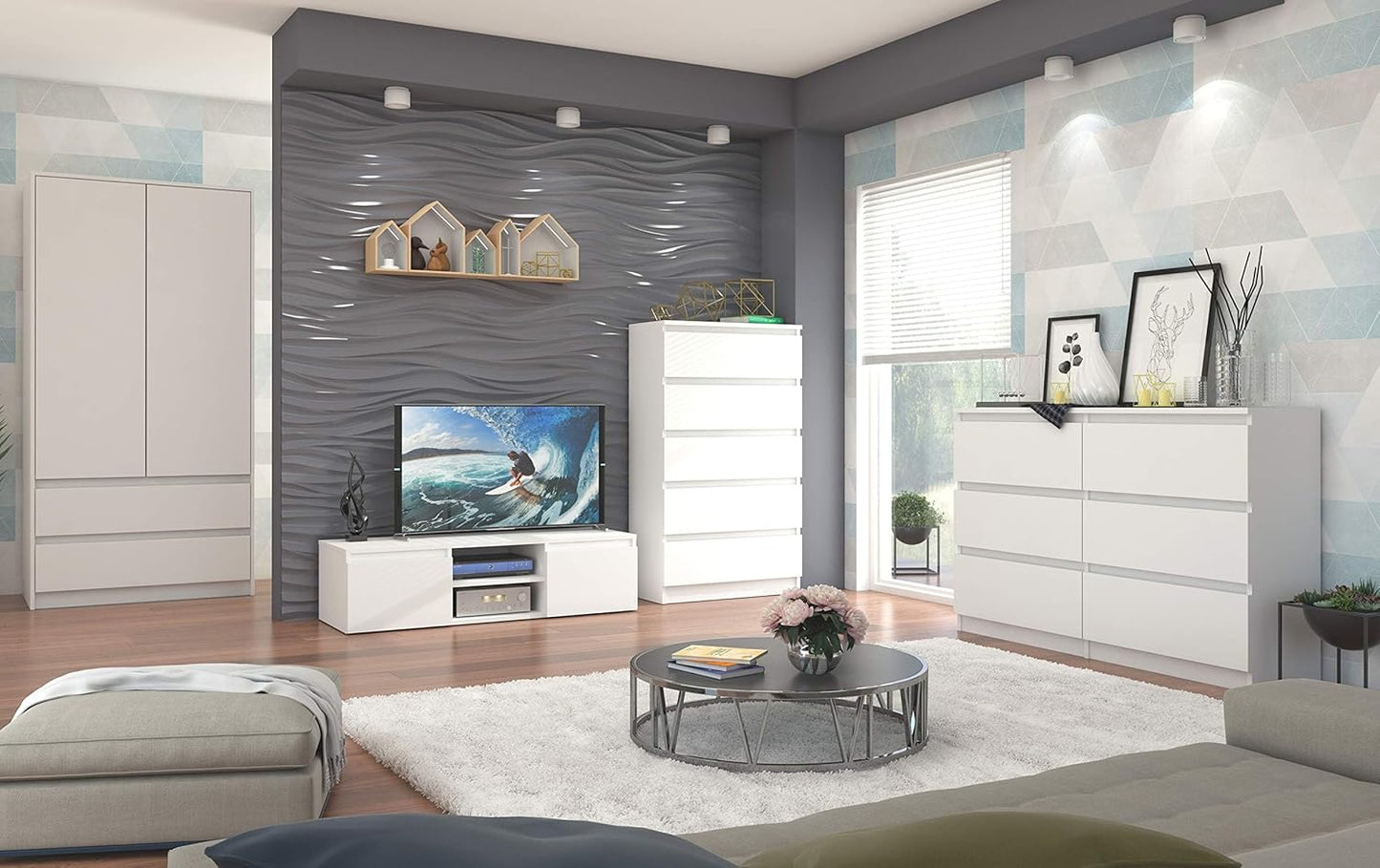 FRAMIRE B-9TIP Wardrobe in White, 2 Door Wardrobe, 2 Drawers, Wardrobe for Bedroom, Living Room, Hallway, 180 x 90 x 51 cm