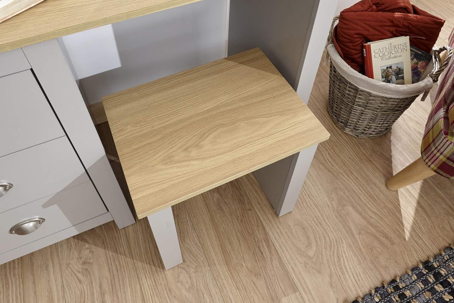 Home Source Grey Dressing Set with Mirror and Stool Jewellery Table, 3 Drawer