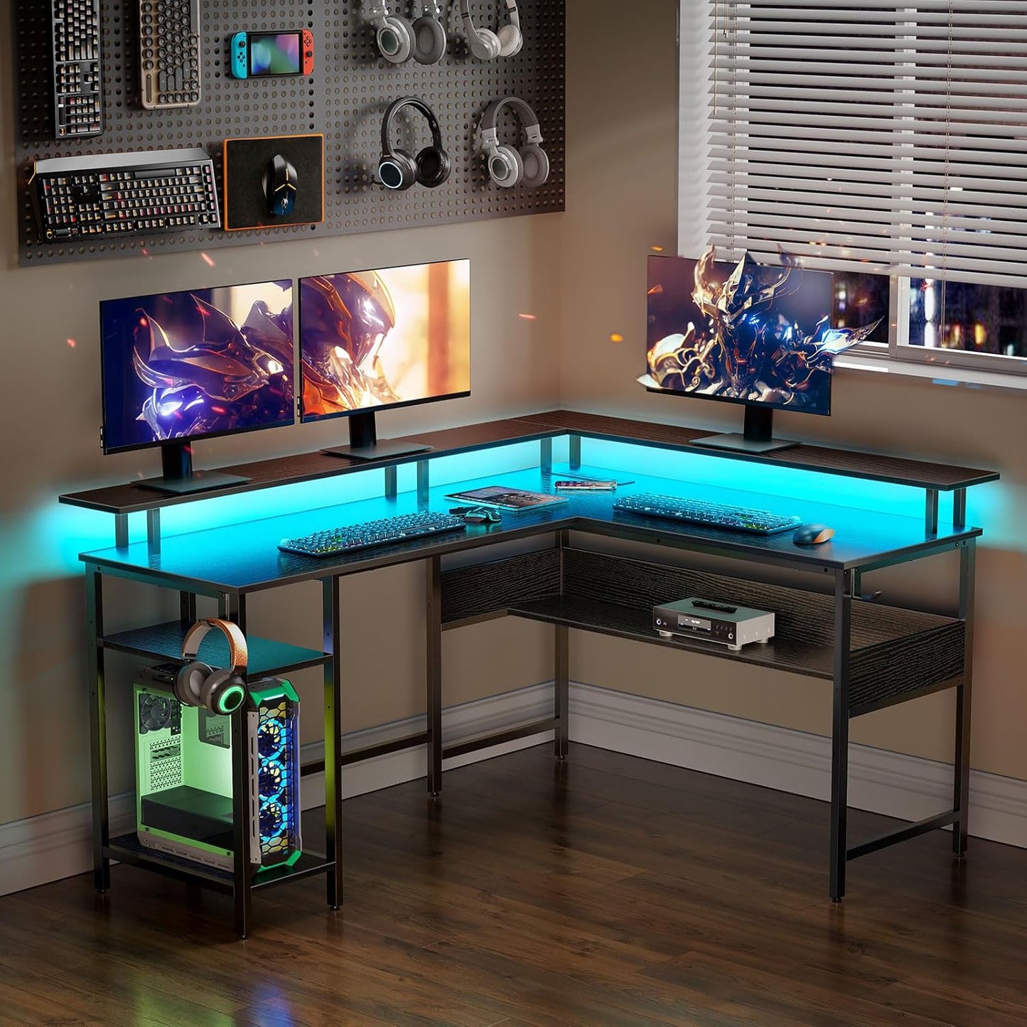 Rolanstar Computer Desk L Shaped 59'' with LED Lights and Power Outlets, Reversible L Shaped Gaming Desk with Monitor Stand, Home Office Desk with Storage, Desk with USB Port and Hook, Black