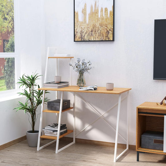 HOMCOM Home Office Computer Desk with 3-Tier Storage Shelves Study Writing Table Workstation for Small Space Natural