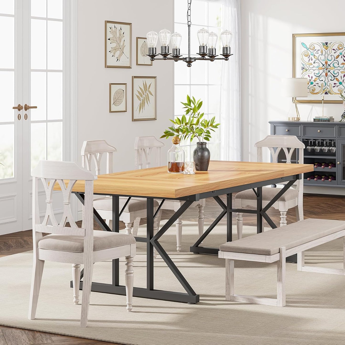 Tribesigns Farmhouse Dining Table for 6 People, 70.8-Inch Rectangular Wood Dining Table, Rustic Kitchen Table with Heavy Duty Metal Legs for Dining Room