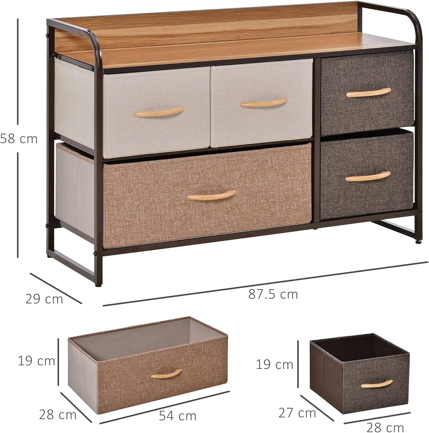 HOMCOM 5-Drawer Dresser, Linen Fabric Chest of Drawers, Dresser Tower Unit for Bedroom Hallway Entryway, Storage Organizer with Steel Frame Wooden Top