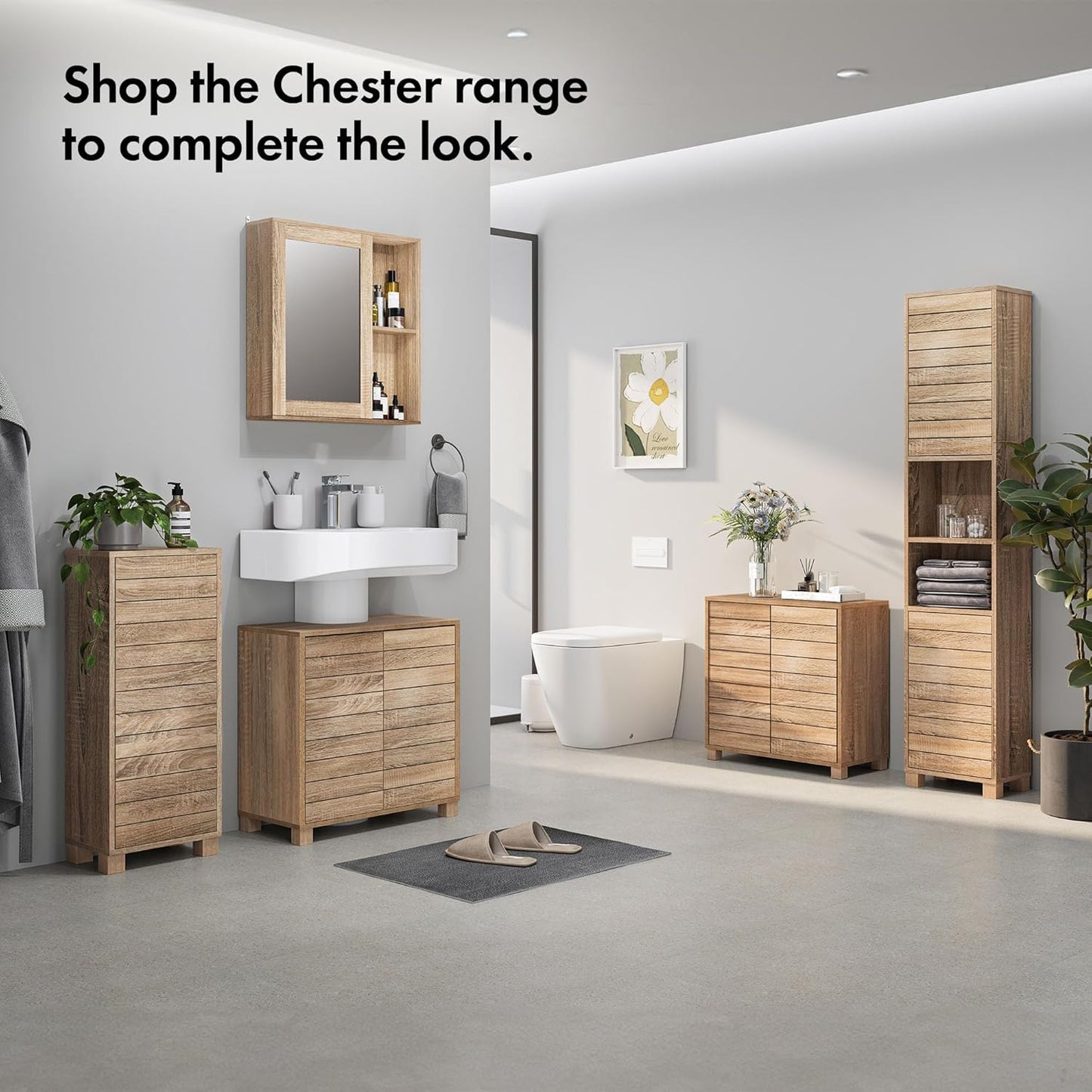 VonHaus Bathroom Storage Cabinet – Oak Wood Effect Bathroom Floor Cabinet w/Handleless Design - Small Floor Standing Cabinet w/Cupboard - Storage Unit for Bathroom, Kitchen & Hallway - Chester