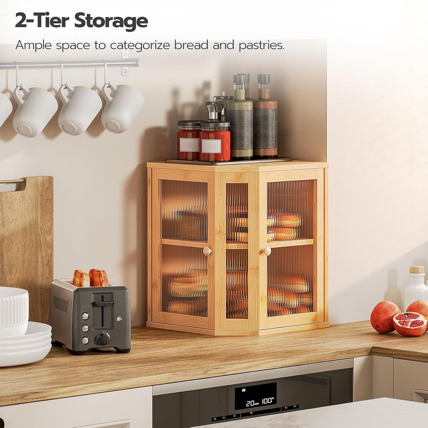HOOBRO Bamboo Bread Box, Kitchen Countertop Corner Bread Box, Large Capacity 2-Tier Bread Box, Bread Storage Container with Dual Rippled Acrylic Doors, for Kitchen Food Storage, Natural YL12MB01
