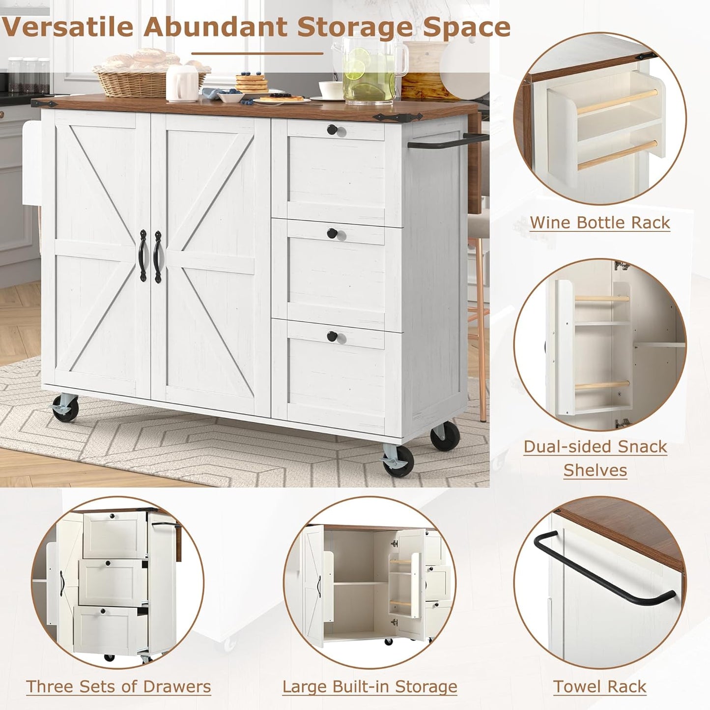 KUAKE Kitchen Island, Serving Trolley with Extendable Worktop, Kitchen Cabinet, Kitchen Trolley, Dining Trolley with Wood Grain, Dining Trolley with Two Doors and Three Drawers (White-2)