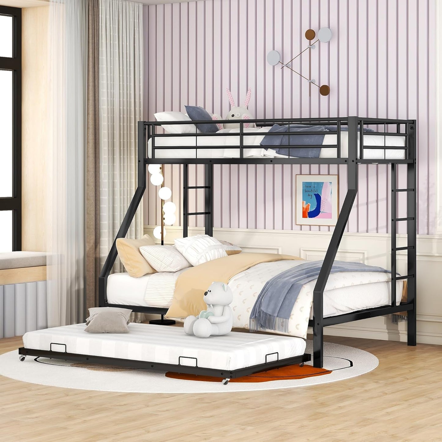 KUAKE Bunk Bed, Metal Bed with Pull-Out Bed, with Ladder on Both Sides for Children, Teenagers, Adults, 90 (140) x 200 cm, (Black)