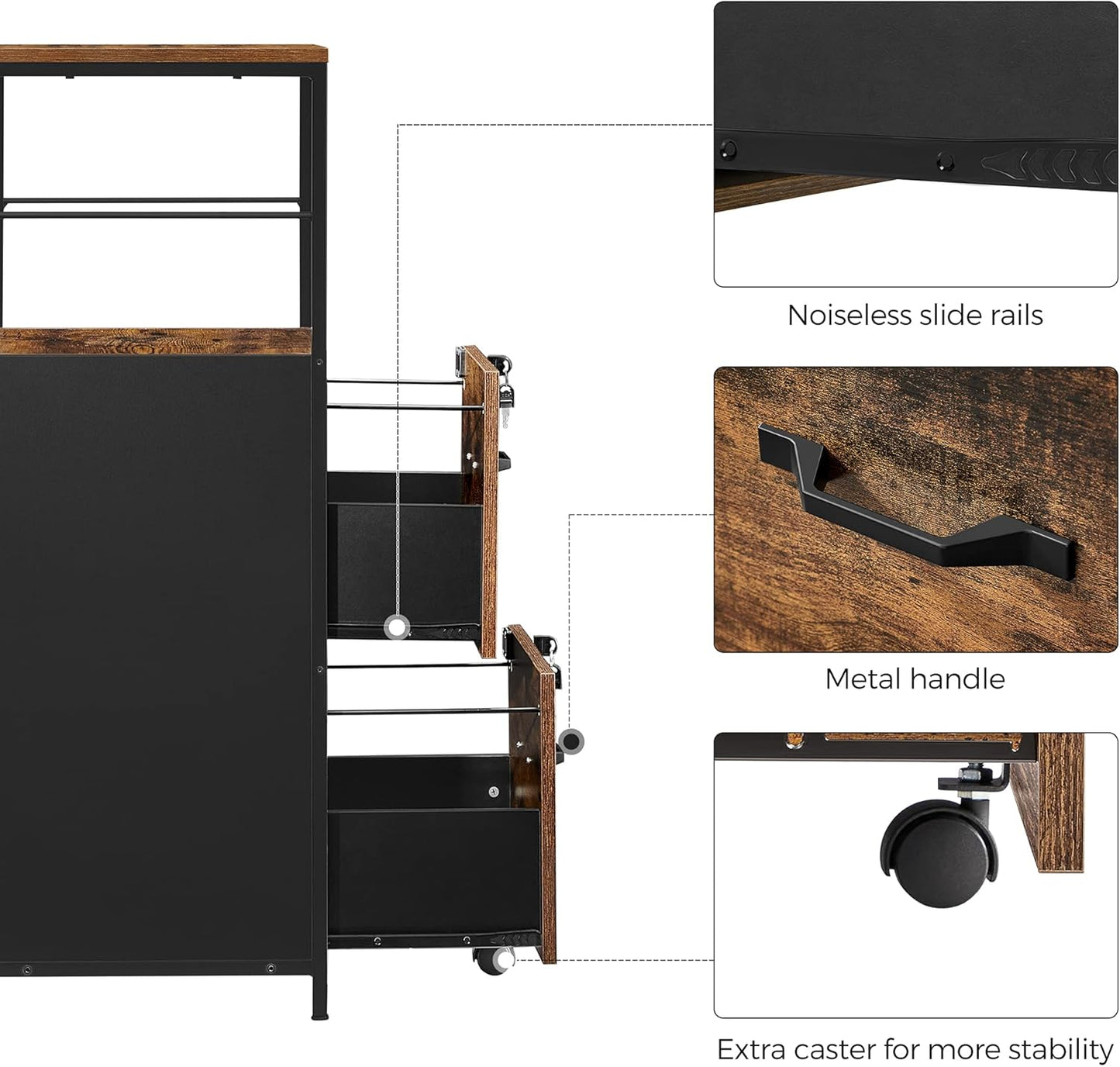 VASAGLE File Cabinet for Home Office, Filing Cabinet with 2 Drawers, Open Shelf, Steel Frame, A4 and Letter Sized Files, Printer Stand, Adjustable Feet, Industrial, Rustic Brown and Black UOFC045B01
