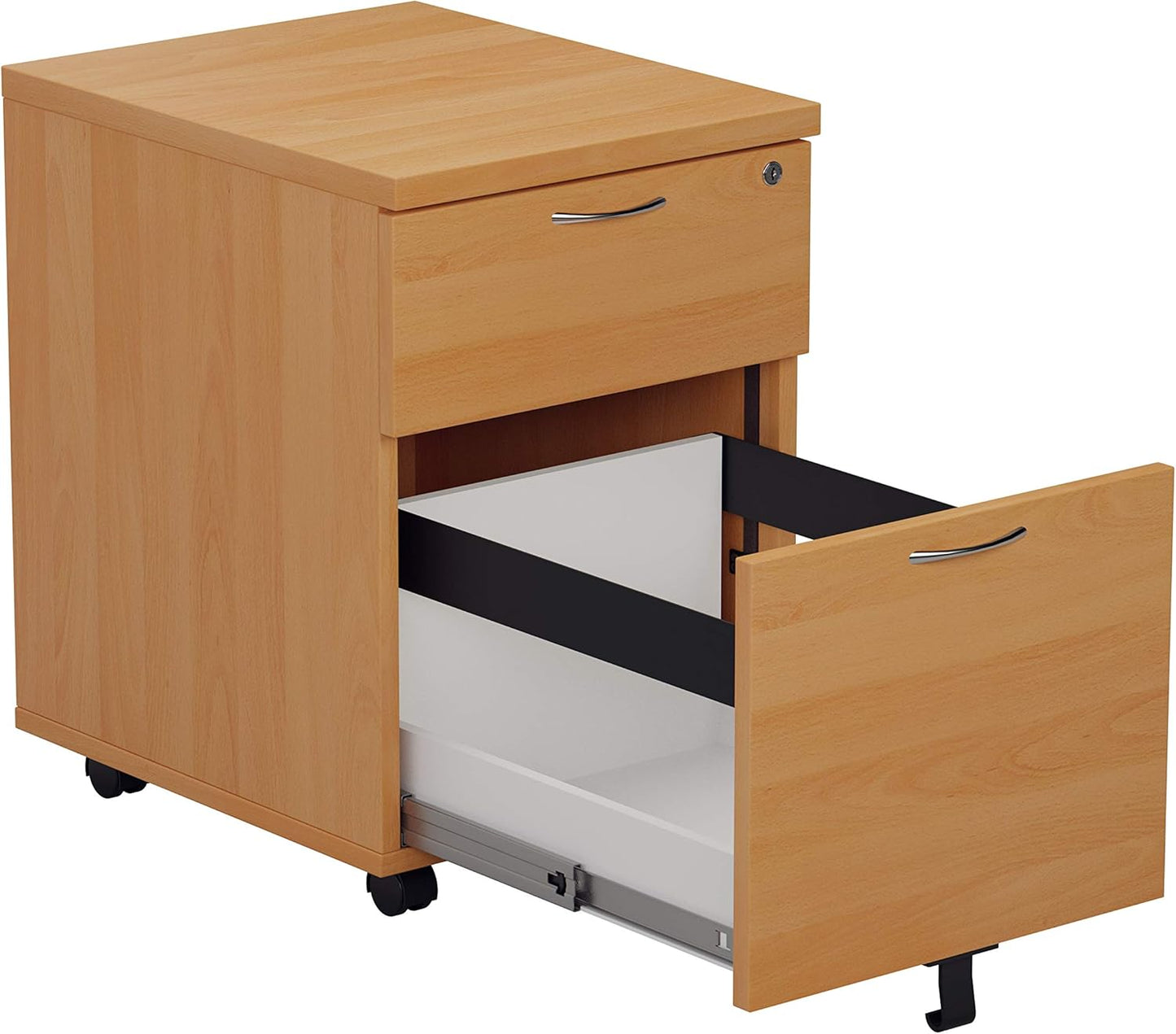 Office Hippo Heavy Duty 2 Drawer Mobile Pedestal Filing Cabinet with Anti-Tilt Mechanism & Lockable Office Storage, 5 Year Warranty - Beech