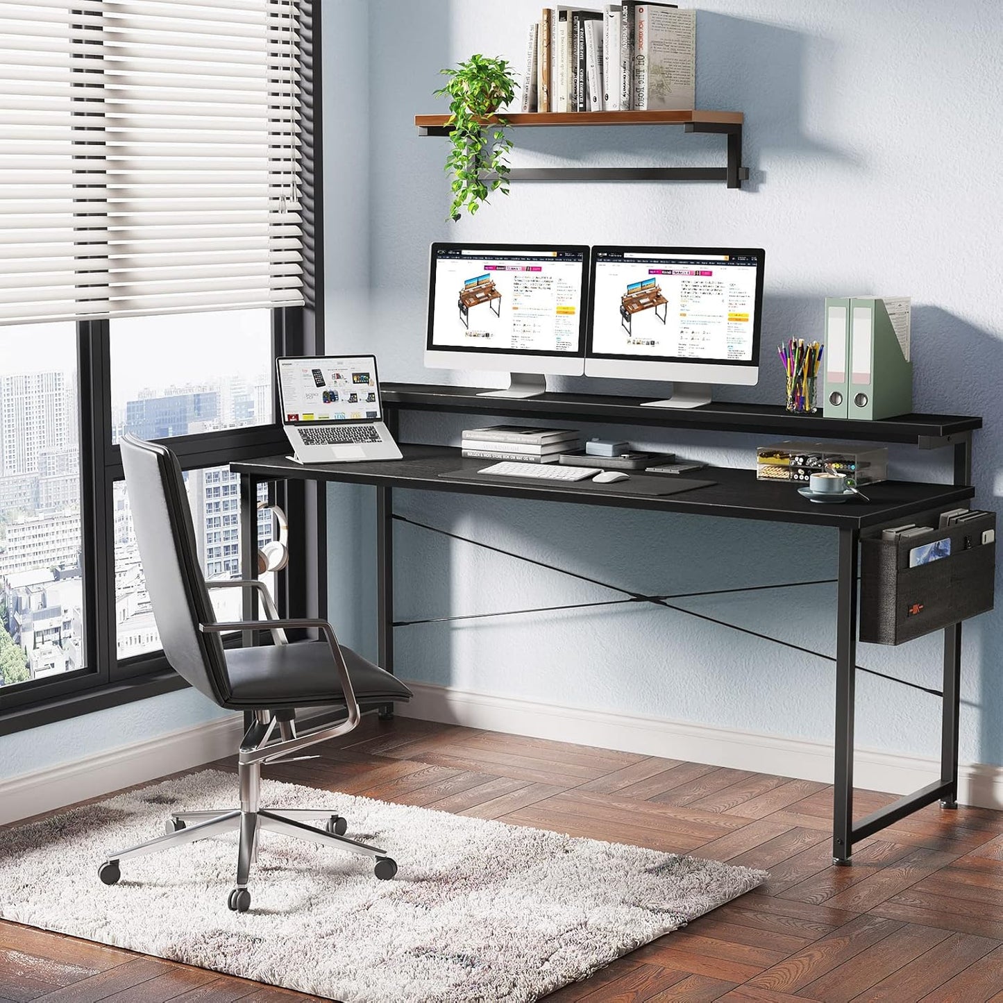 ODK Computer Desk with Adjustable Monitor Shelves, 63 inch Home Office Desk with Monitor Stand, Writing Desk, Study Workstation with 3 Heights (10cm, 13cm, 16cm), Black