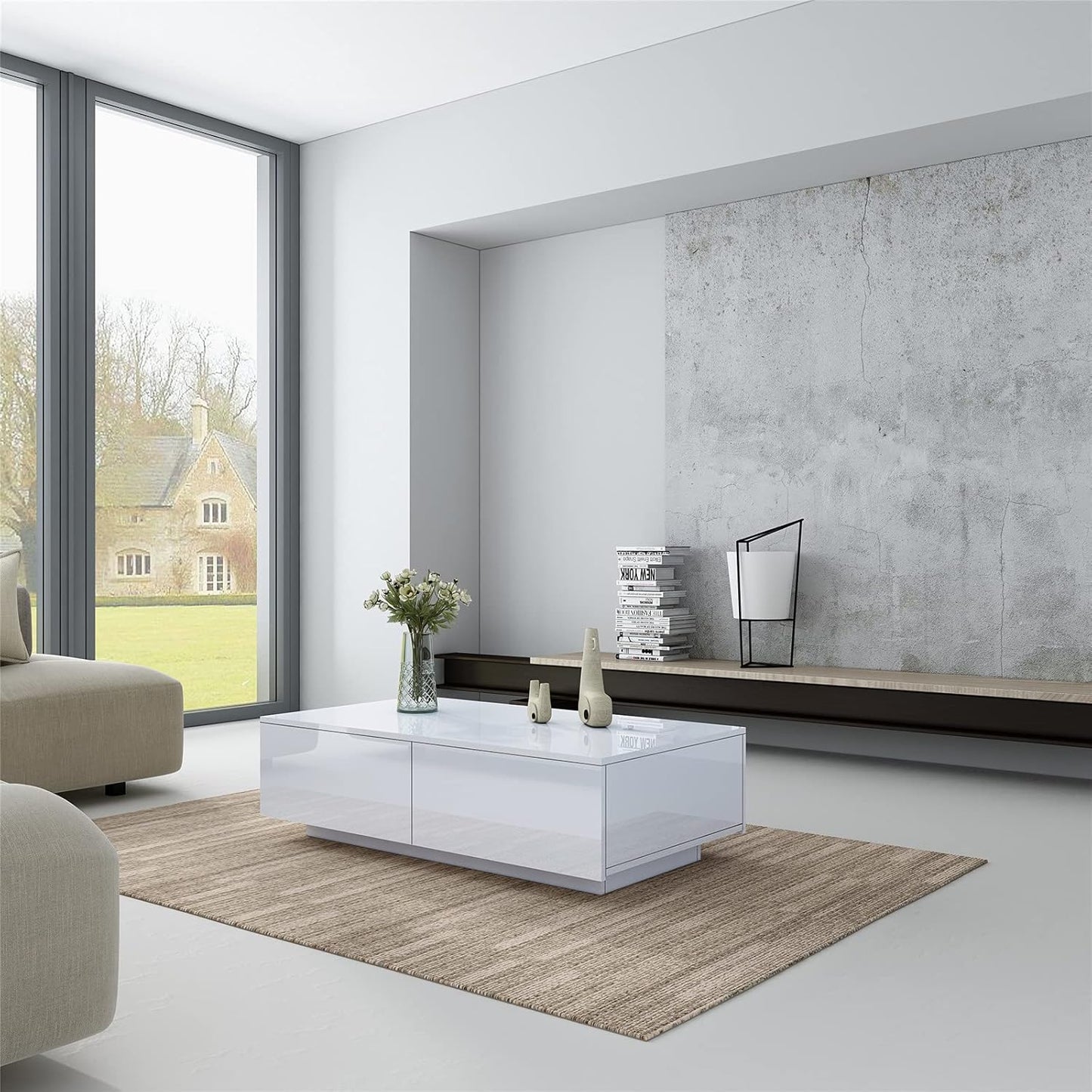 AWOOD Coffee Table for Living Room, Modern Side Table Wooden Centre Table, White High Gloss Coffee Tea Tables with 4 Drawers Storage for Home Office Furniture