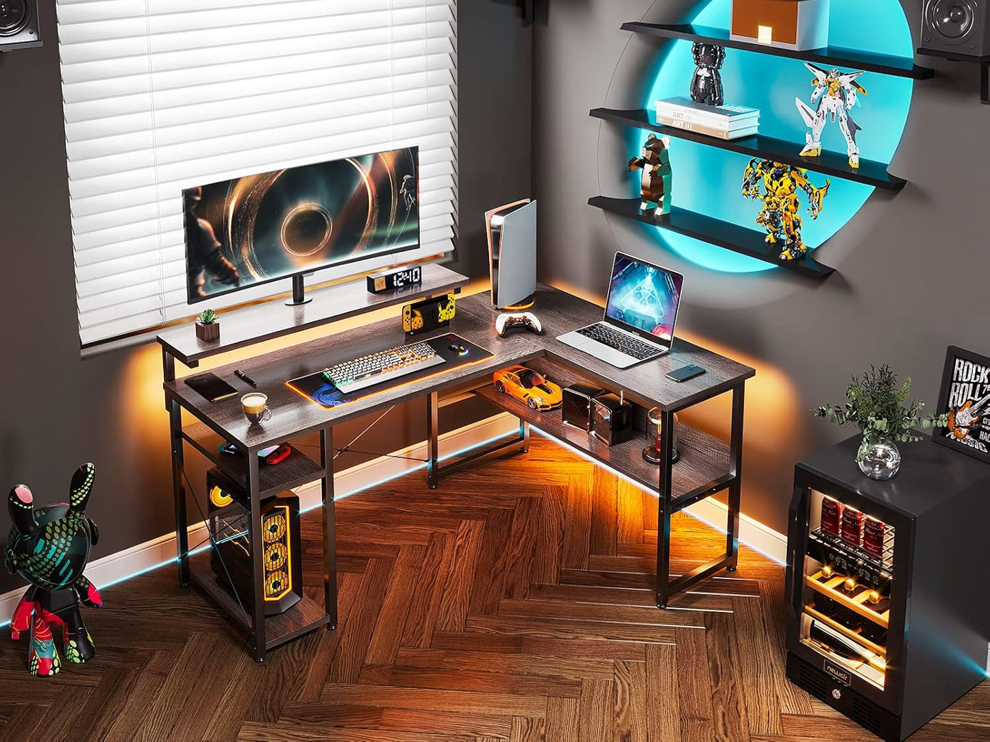 ODK L Shaped Computer Desk, 54" Reversible L Shaped Desk, Corner Computer Desk with Storage Shelves & Monitor Stand, Home Office Desk, Gaming Desk, Corner Desk, Writing Desk, Grey Oak