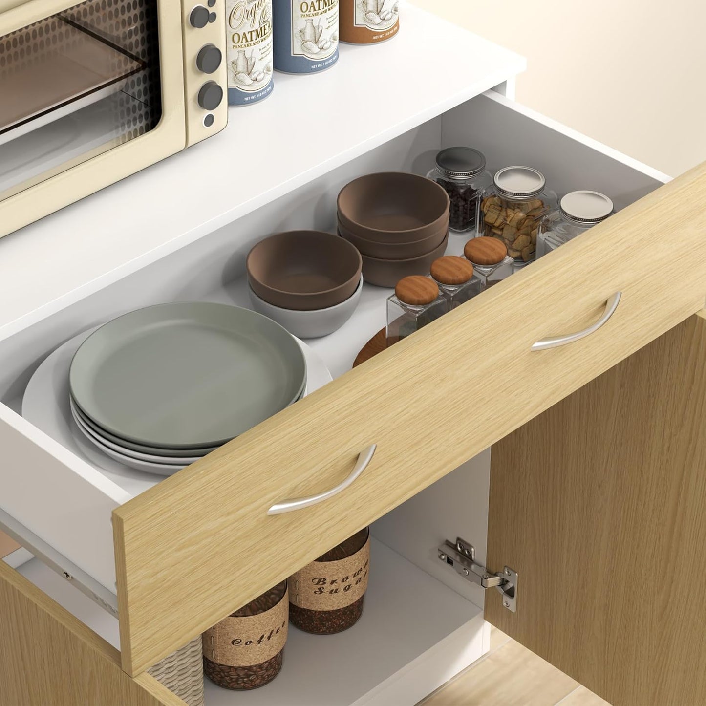 HOMCOM Kitchen Cupboard Kitchen Cabinet Kitchen Auxiliary Cabinet with Drawer Doors and Adjustable Anti-tip Shelves for Dining Room Living Room 80 x 40 x 180 cm Natural and White