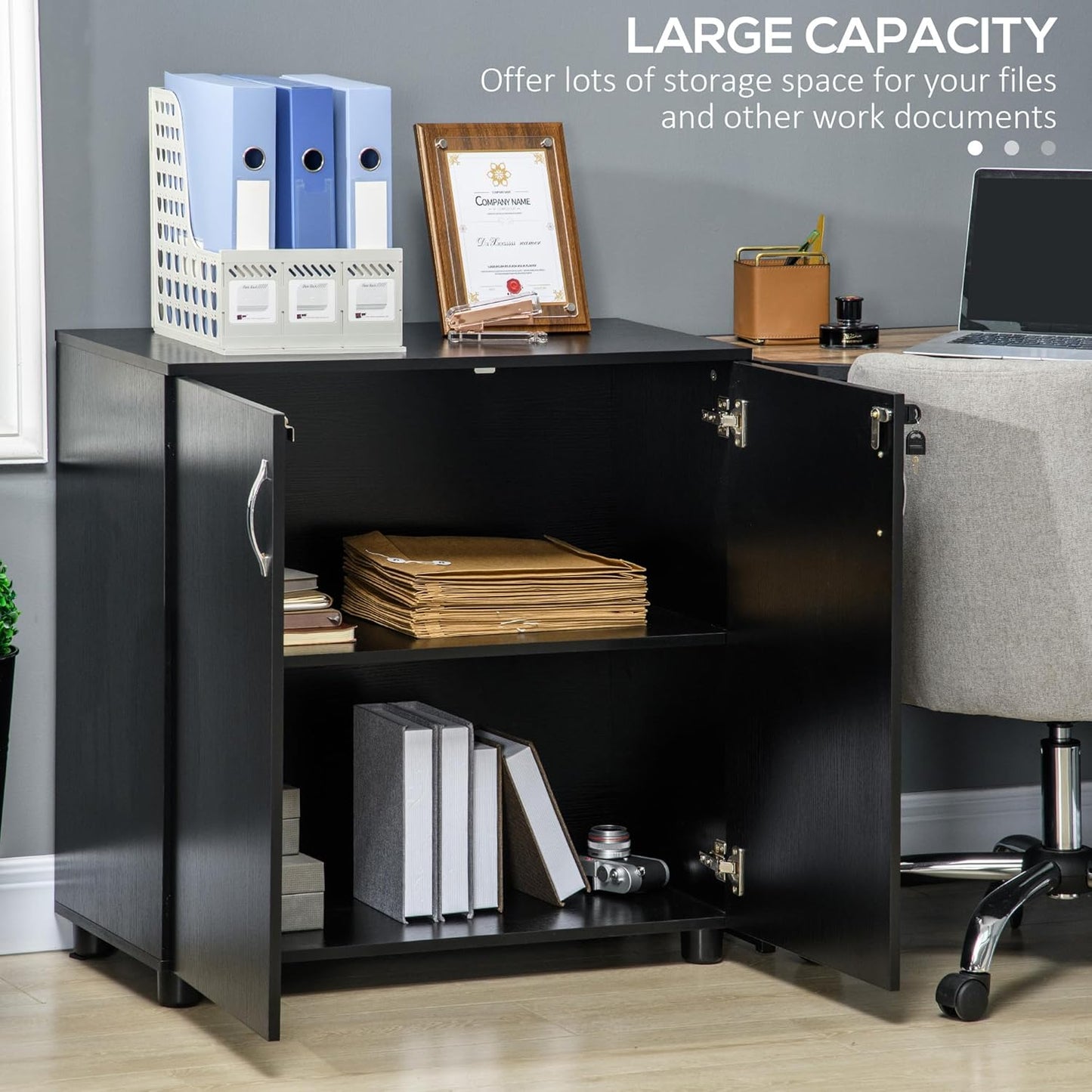 Vinsetto 2-Tier Locking Office Storage Cabinet File Organisation w/Feet Melamine Coating Aluminium Handles 2 Keys Stylish Black