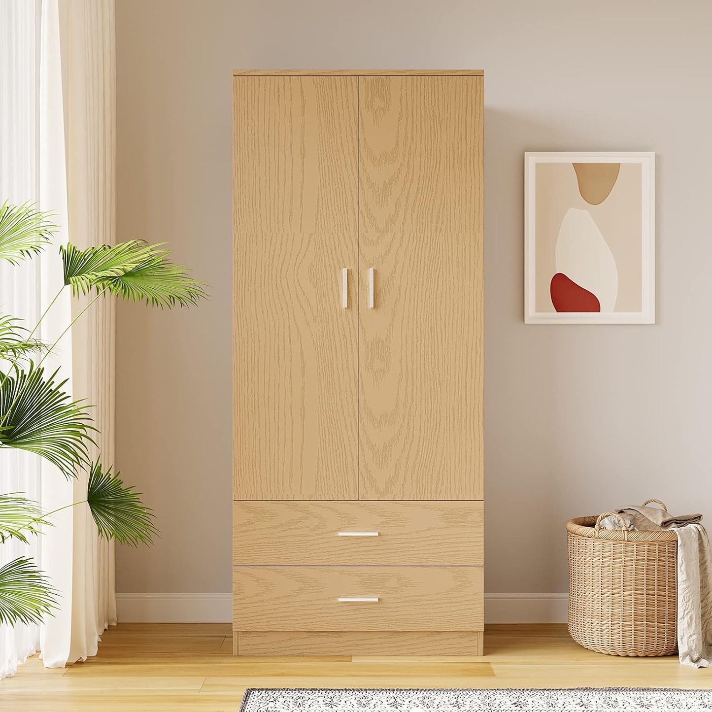 Panana 2 Door 2 Drawer Wardrobe with Hanging Rail Wooden Clothes Storage Cupboards Unit for Bedroom Furniture 76.8 * 50 * 180cm (New Oak Effect)
