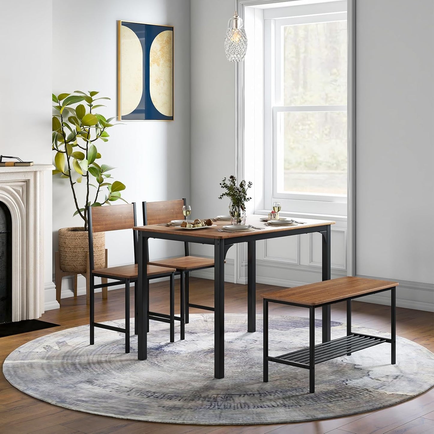RELAX4LIFE Dining Table Set 4-Piece Dining Room Table with 2 Chairs & Bench, Seating Set with Storage Shelf, Bar Table with Metal Frame, Industrial Design, Dining Room Set for Kitchen, Dining Room
