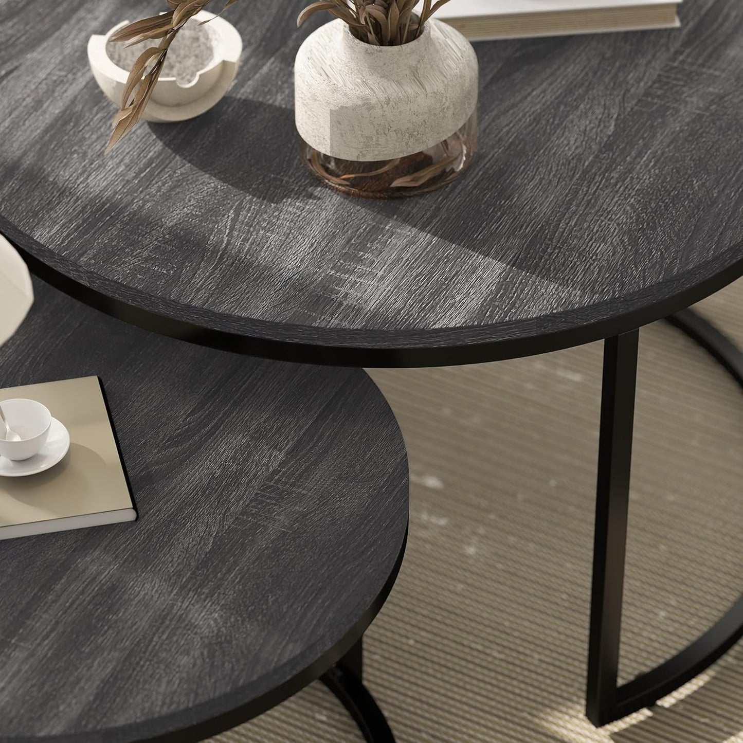 HOMCOM Set of 2 Nest Coffee Tables, Round Coffee Table, Stackable, Industrial Design, Coffee Table, Metal Legs, Black