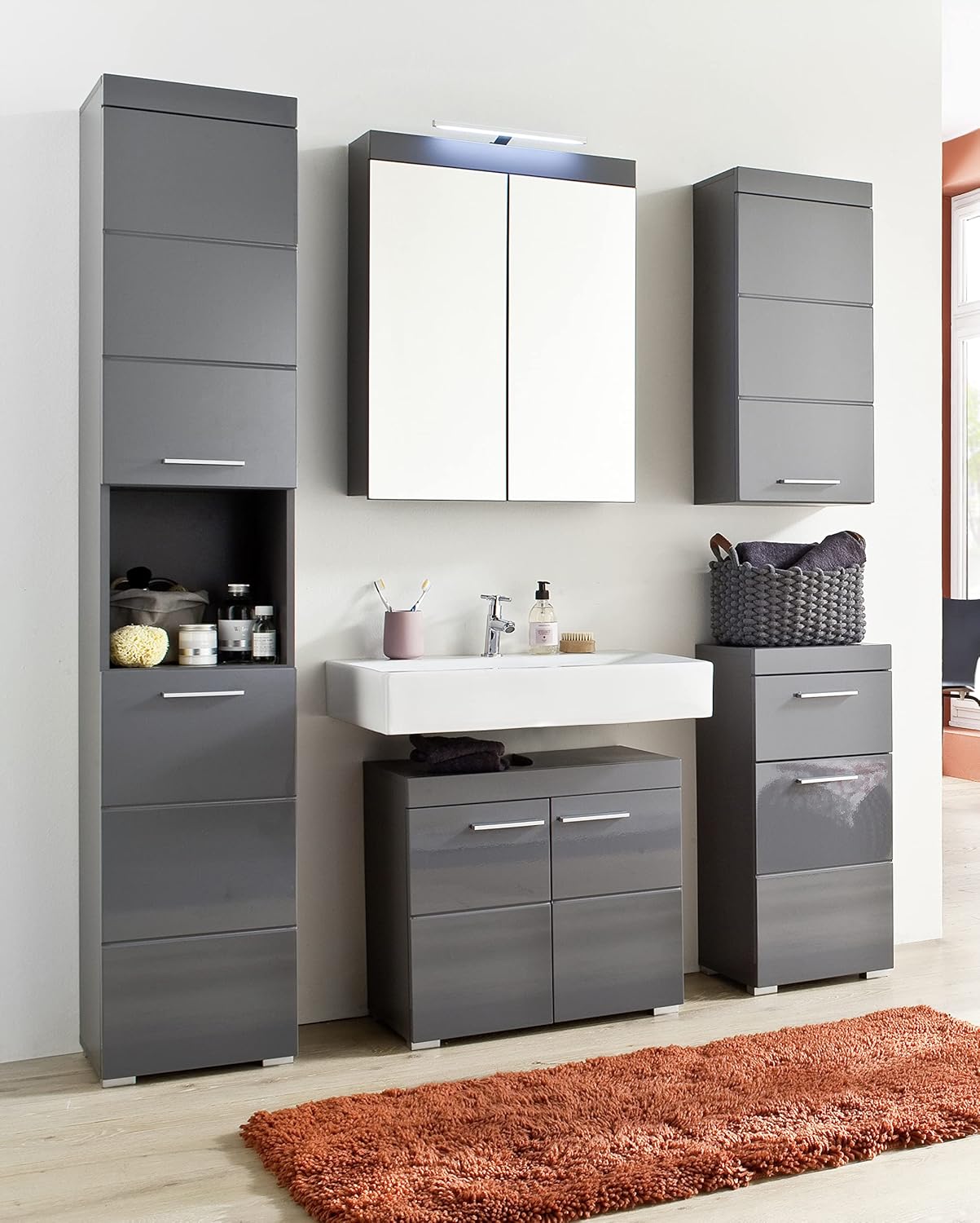 Trendteam Smart Living Amanda Bathroom Sink Vanity Unit, 60 x 56 x 34 cm, Grey/High-Gloss Agave Grey with Lots of Storage Space