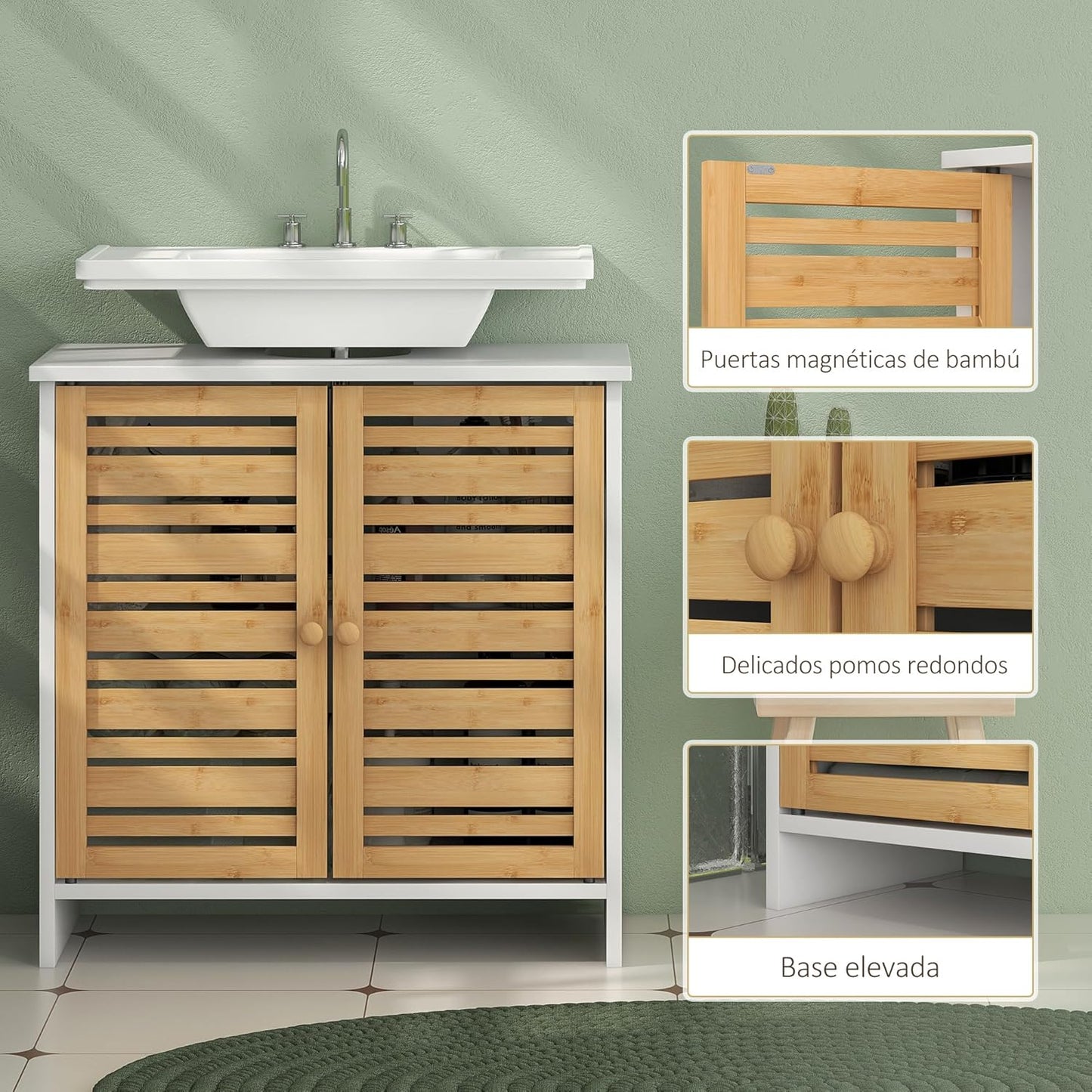 HOMCOM Modern Under Sink Cabinet with Magnetic Bamboo Doors and Adjustable Shelf 60 x 30 x 60 cm White and Natural