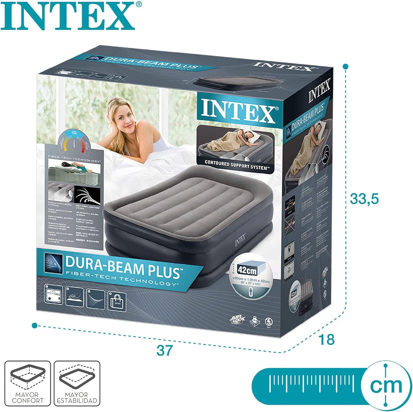 Intex | Dura-Beam Deluxe Double Size inflatable Air Bed | 64132NP | 191 * 99 * 42 cm | Grey