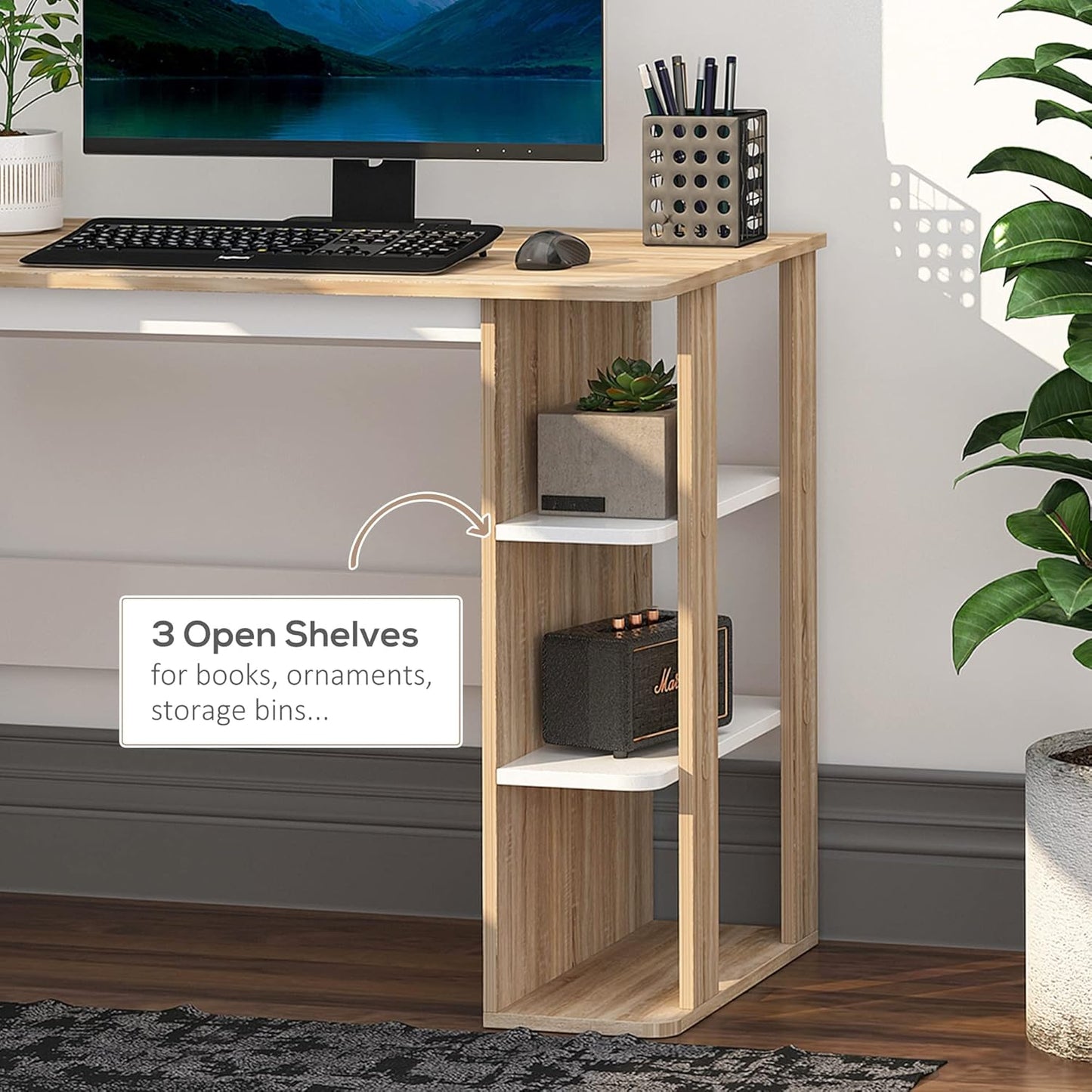 HOMCOM Computer Desk & 3-Tier Side Shelves Wide Table Top Home furniture OAK