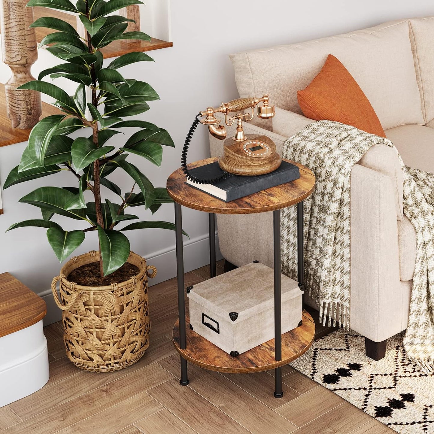 HOOBRO Tall Sofa Side Table, Small Round Coffee Table with Storage, Industrial Telephone Table for Small Space, Bedside Table, for Living Room, Bedroom, Summerhouse, Rustic Brown and Black EBF30DH01