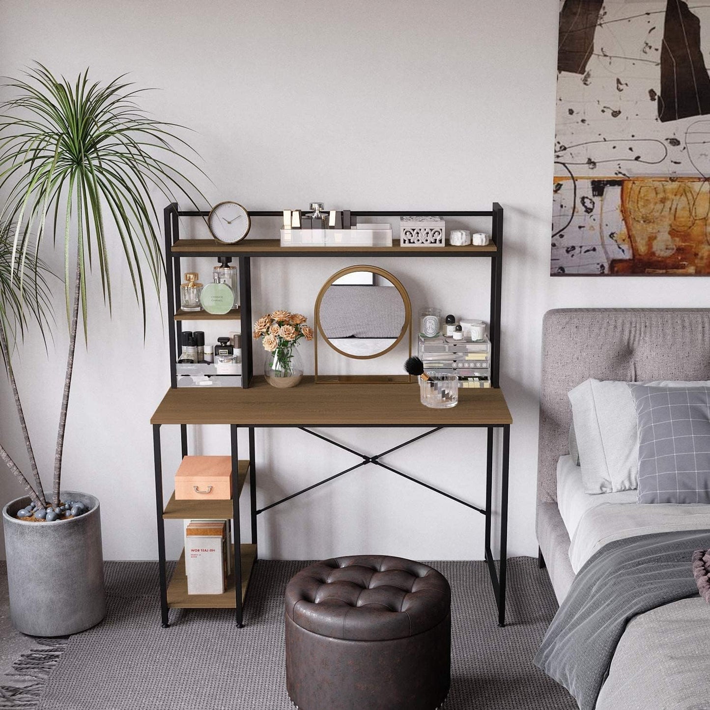 Home gallery Computer desk 120 cm with hutch and storage shelves brown