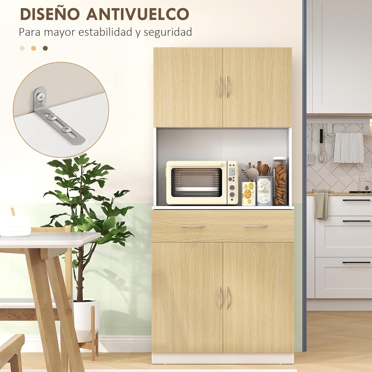 HOMCOM Kitchen Cupboard Kitchen Cabinet Kitchen Auxiliary Cabinet with Drawer Doors and Adjustable Anti-tip Shelves for Dining Room Living Room 80 x 40 x 180 cm Natural and White